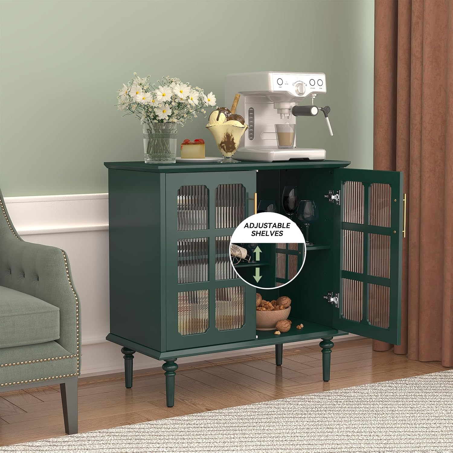 Buffet vintage HLR® avec 2 portes en verre à treillis, meuble d'appoint en bois