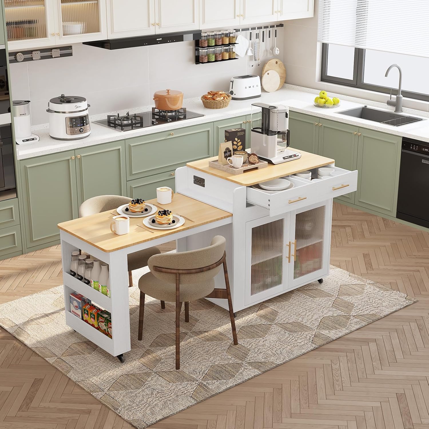 Îlot de cuisine HLR® avec table à manger extensible, plateau en grain de marbre