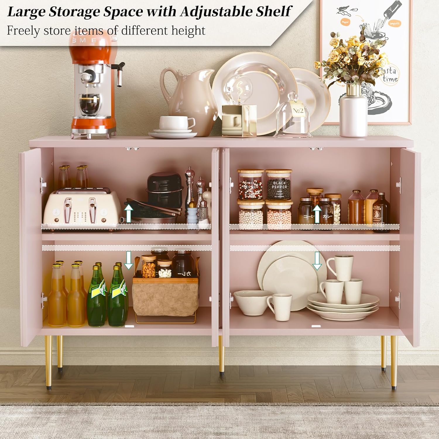HLR® Sideboard Buffet Cabinet with 3D Flower Pattern, Accent Cabinet