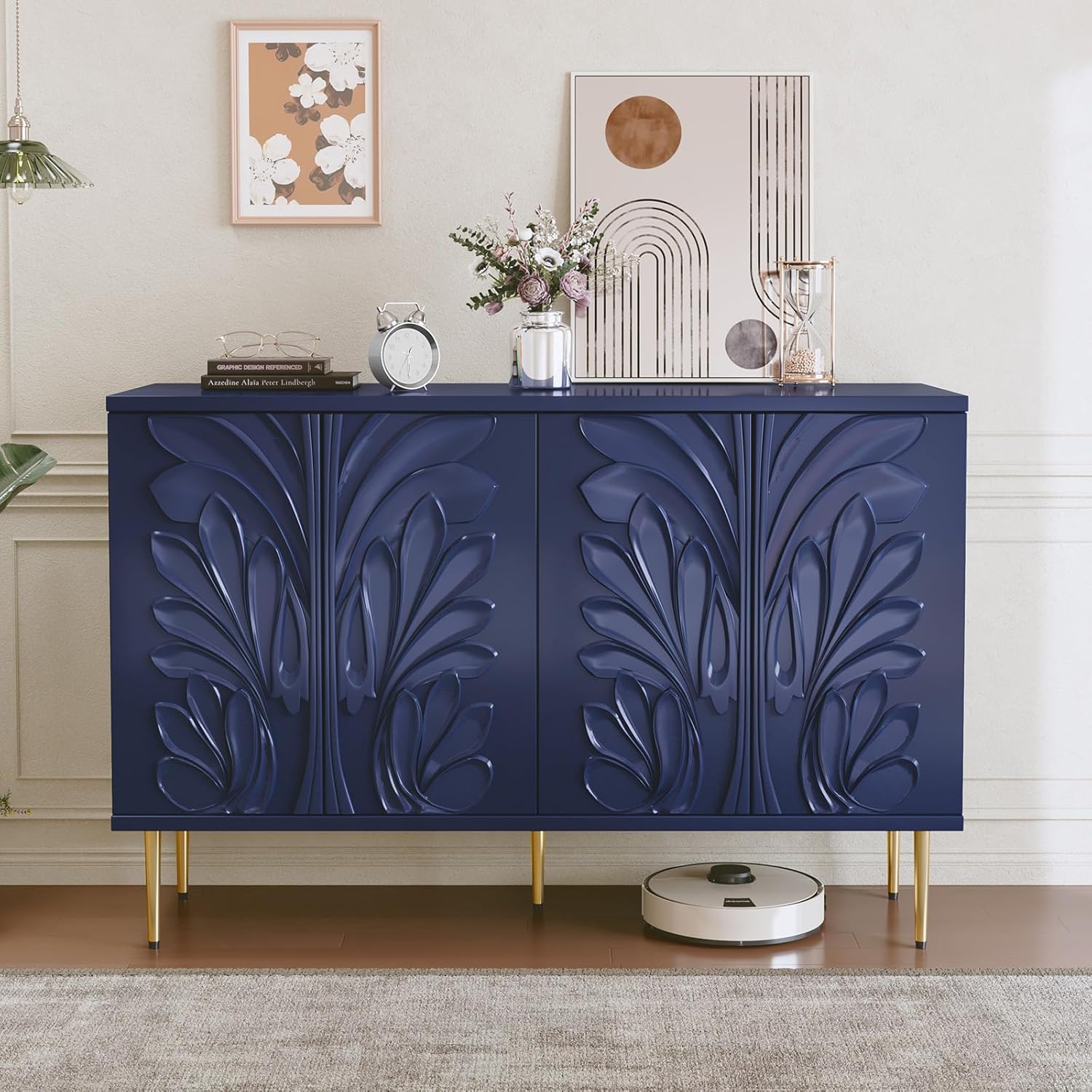 HLR® Sideboard Buffet Cabinet with 3D Flower Pattern, Accent Cabinet