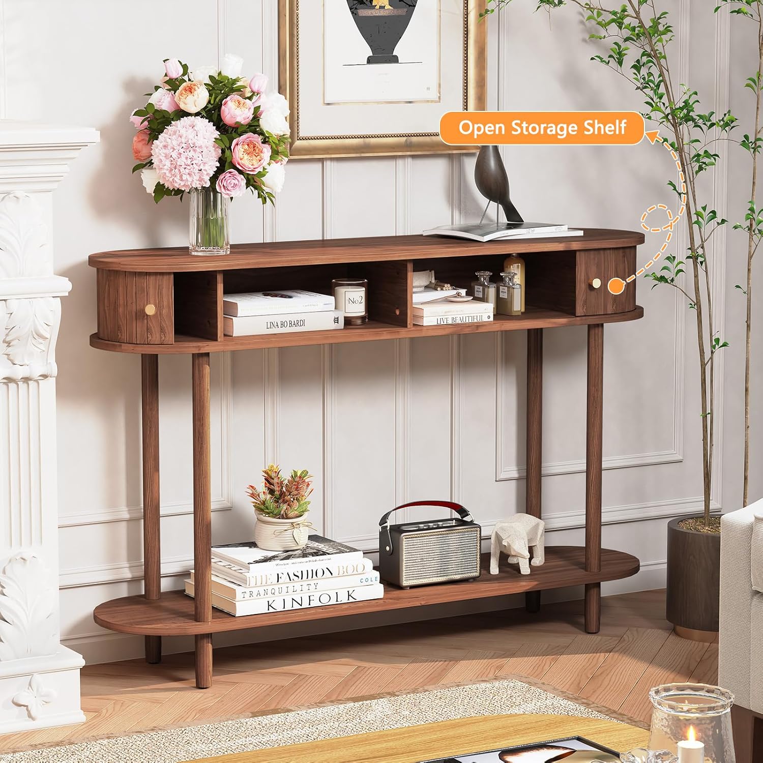 Table d'entrée moderne HLR® avec porte à tambour en bois, console décorative derrière le canapé