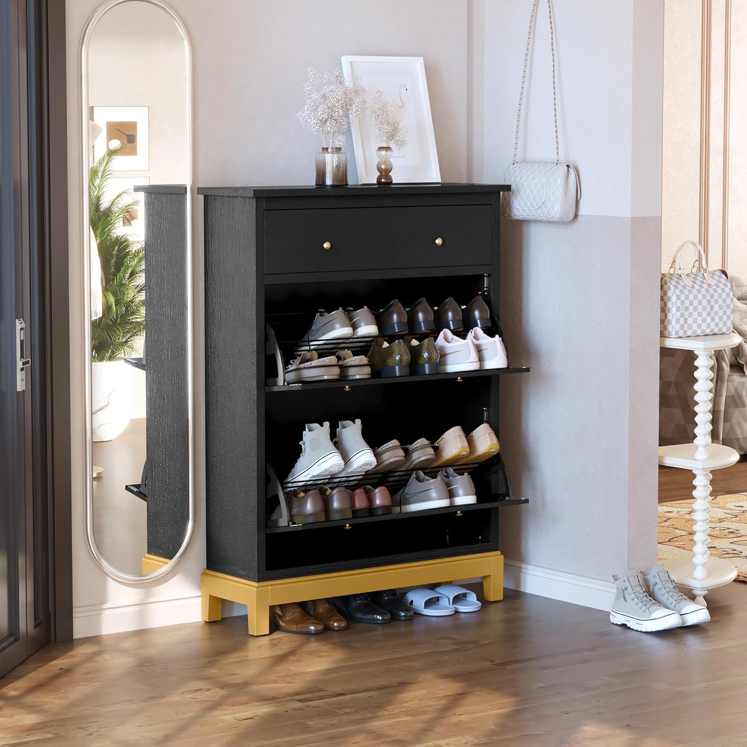 HLR® Space Saving Hidden Shoe Cabinet with 2 Flip Doors 1 Drawer, Shoe Storage Cabinet