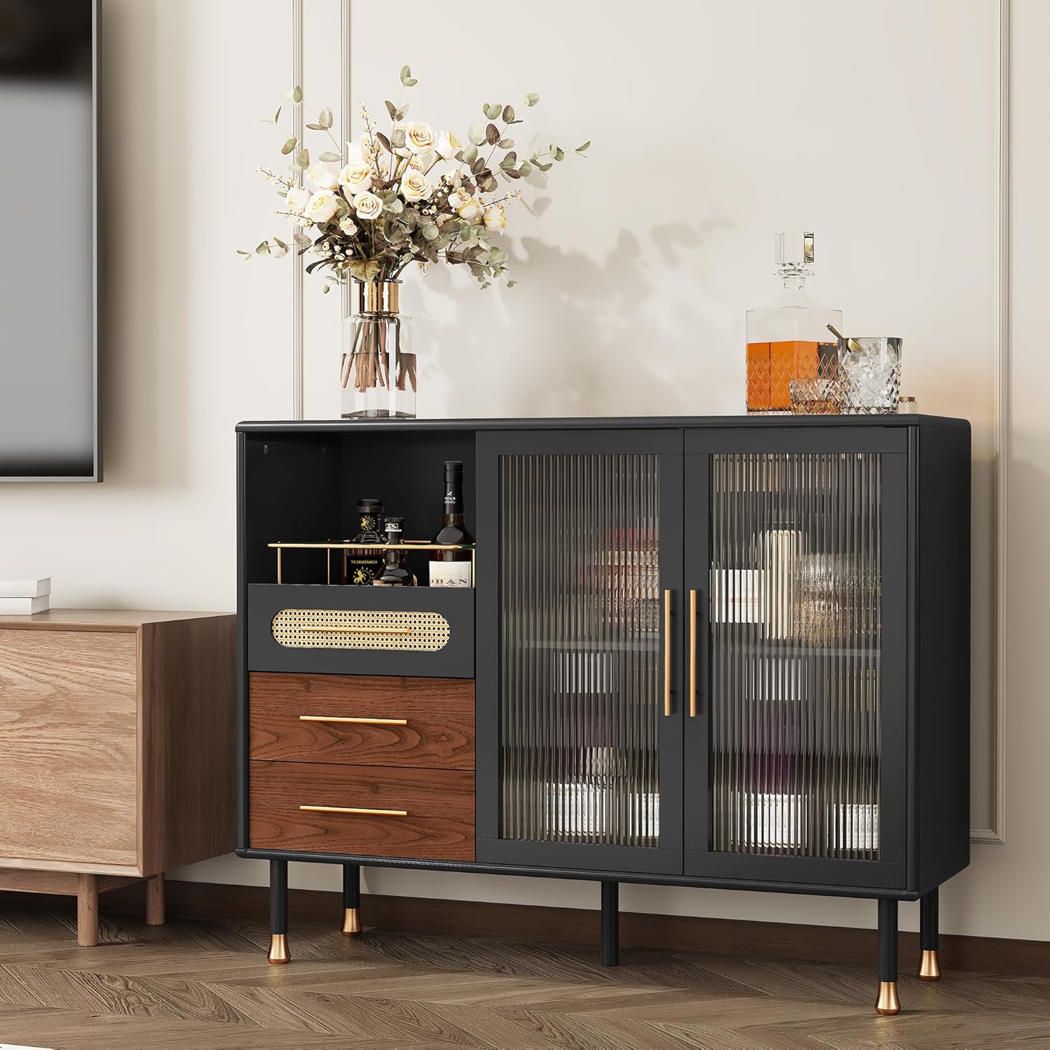 HLR® 48" Coffee Bar Cabinet with Wine Racks and Drawers, Modern Buffet Sideboard