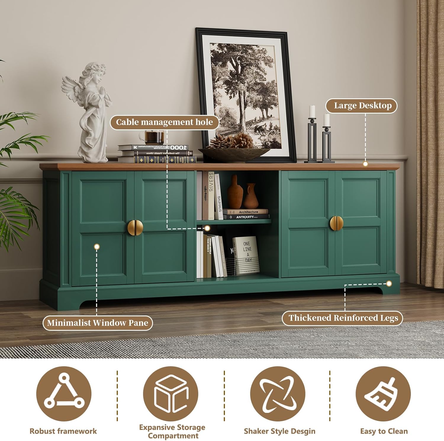 Meuble TV moderne HLR® 67 pouces pour téléviseurs jusqu'à 75 pouces et plus, table console de télévision de style Shaker