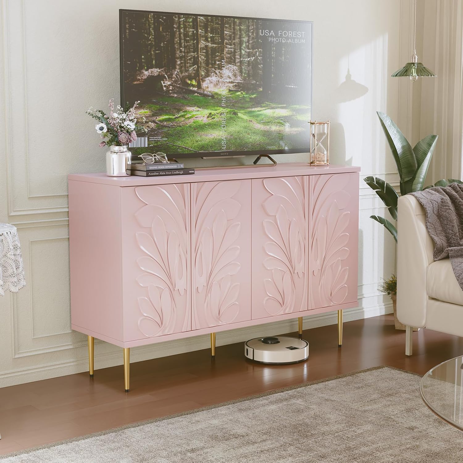 HLR® Sideboard Buffet Cabinet with 3D Flower Pattern, Accent Cabinet
