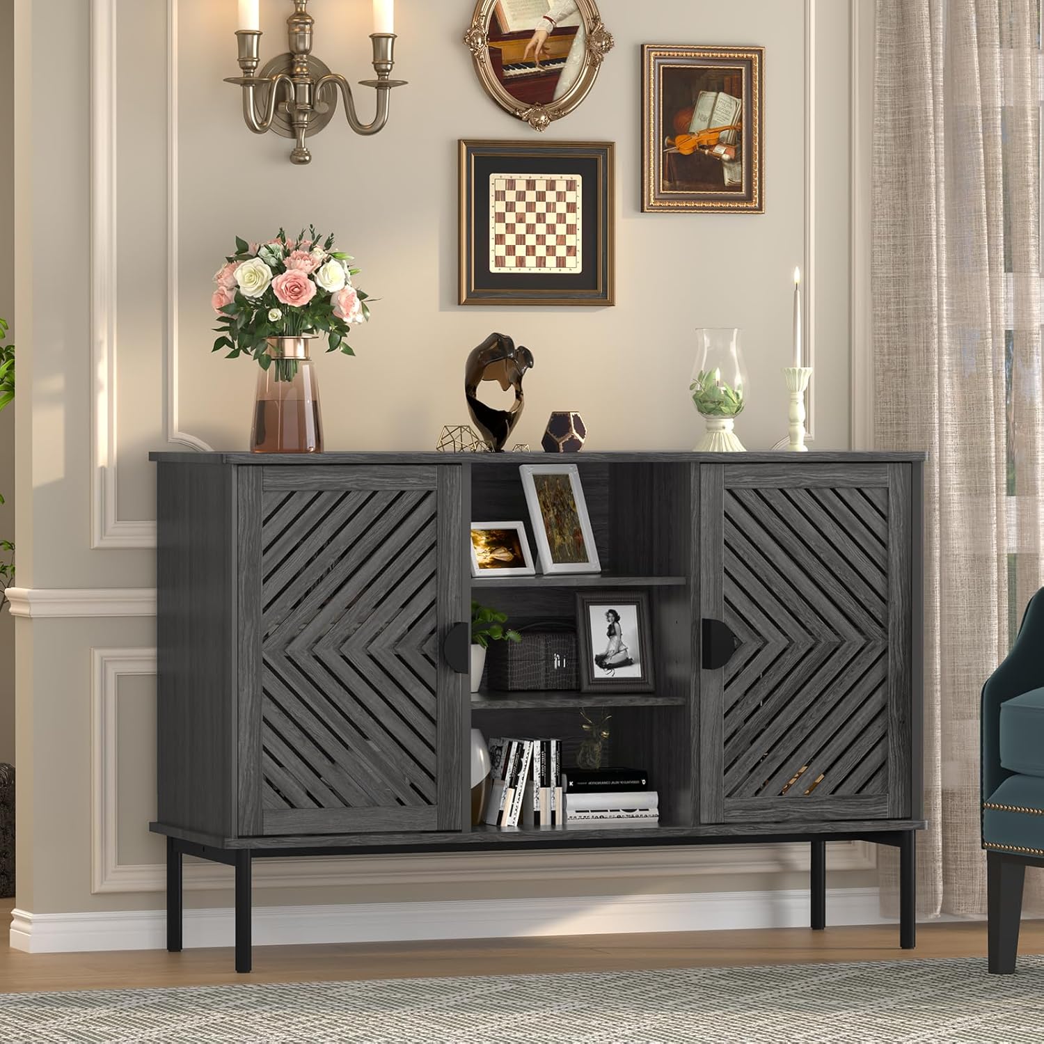 HLR® Accent Cabinet with 2 Hollow Doors, Sideboard Storage Cabinet, Modern Buffet Cabinet