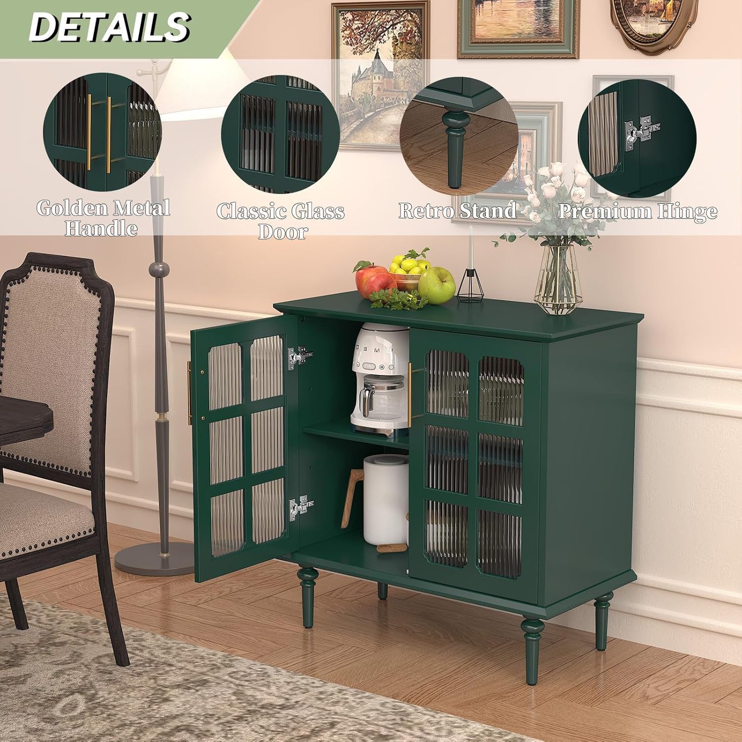 Buffet vintage HLR® avec 2 portes en verre à treillis, meuble d'appoint en bois