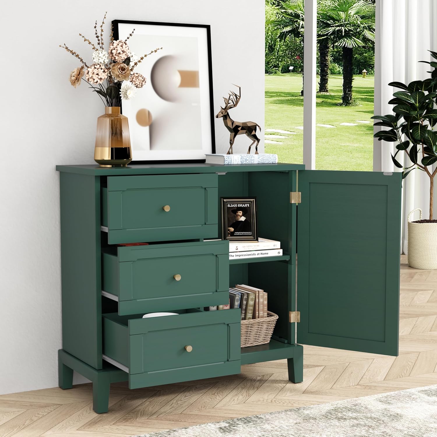 Armoire d'appoint HLR® avec 3 tiroirs et porte, armoire de rangement en bois avec étagères