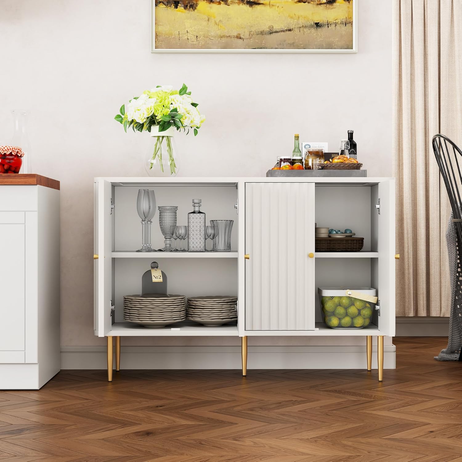 Buffet HLR®, meuble d'appoint moderne de 48 po avec 4 portes et étagères amovibles