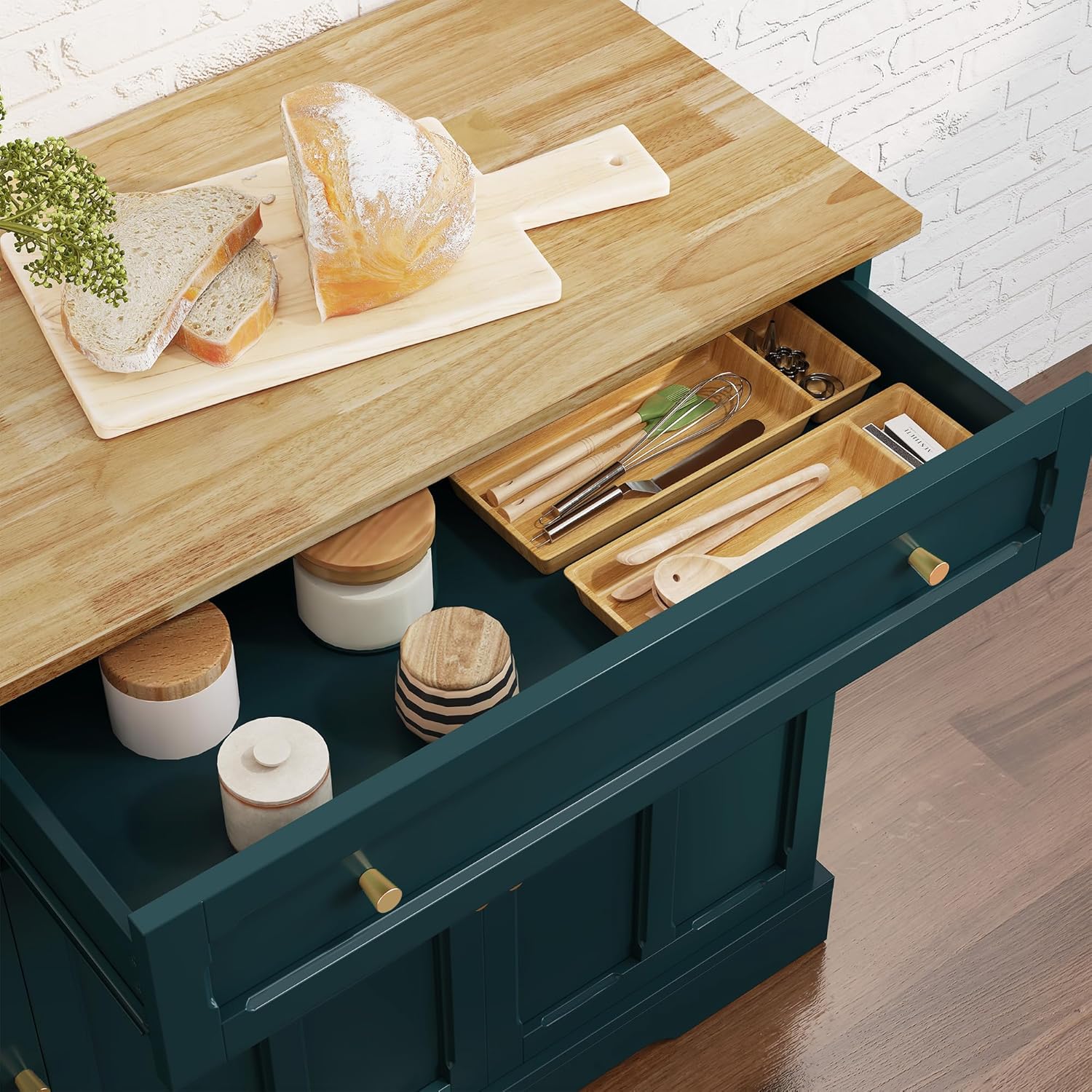 HLR® Chariot de cuisine avec rangement, portes sculptées, Îlots roulants modernes avec abattant