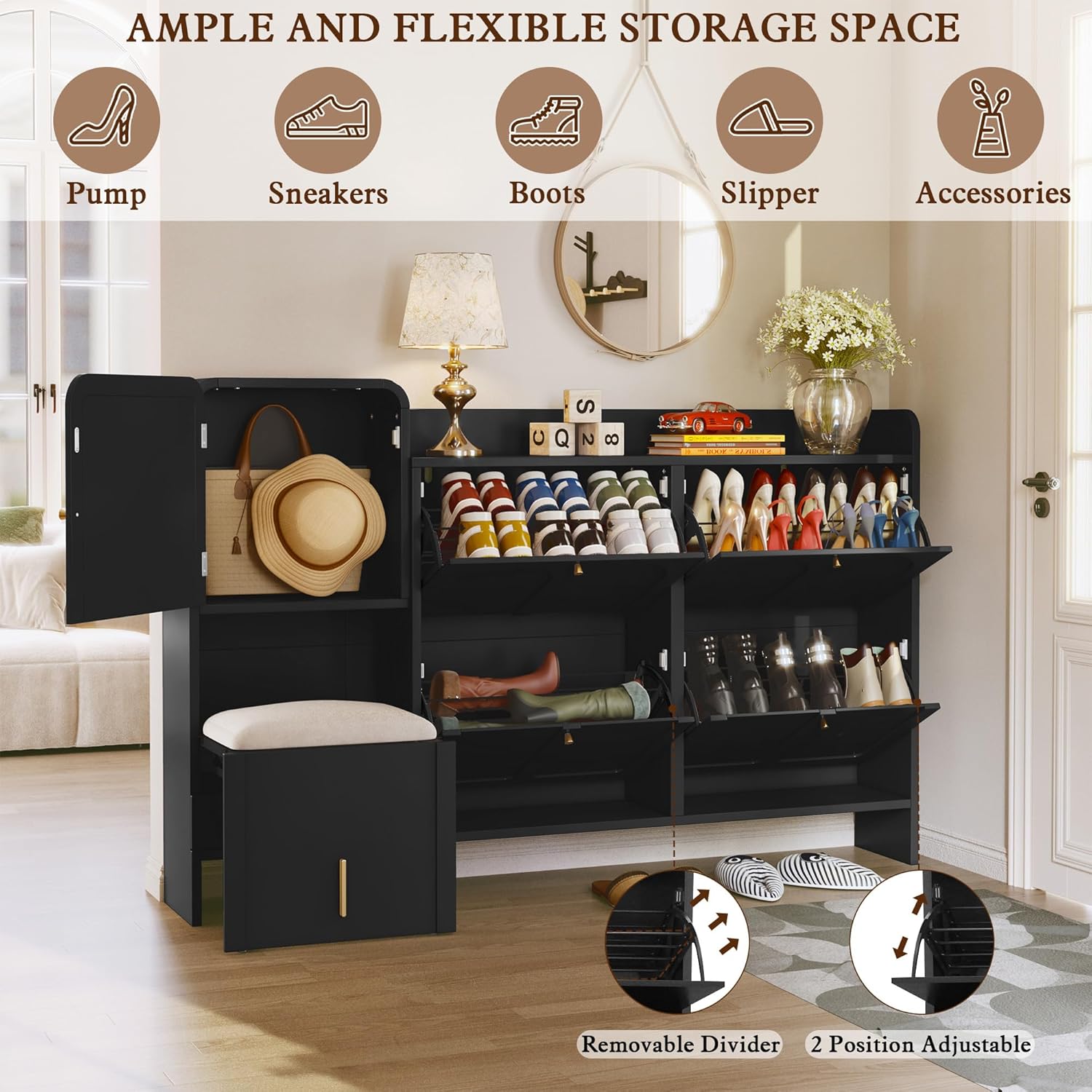 HLR® Modern Shoe Cabinet with 4 Flip Drawers, Large Shoe Storage Cabinet