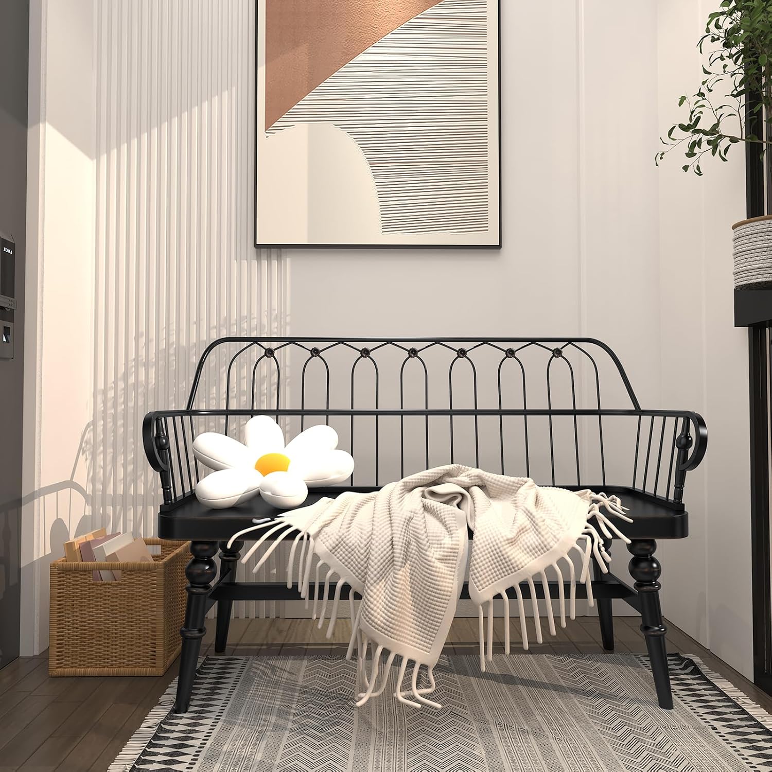 Banc d'entrée HLR®, banc de salle à manger en bois à dossier à fuseau, banc de foyer de style ferme