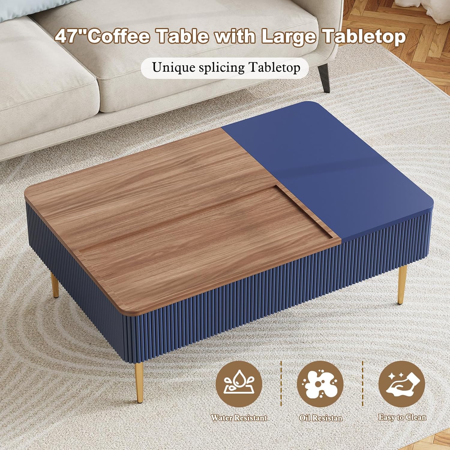 Table basse HLR® 47" à double plateau relevable avec rangement, table basse cannelée en bois moderne