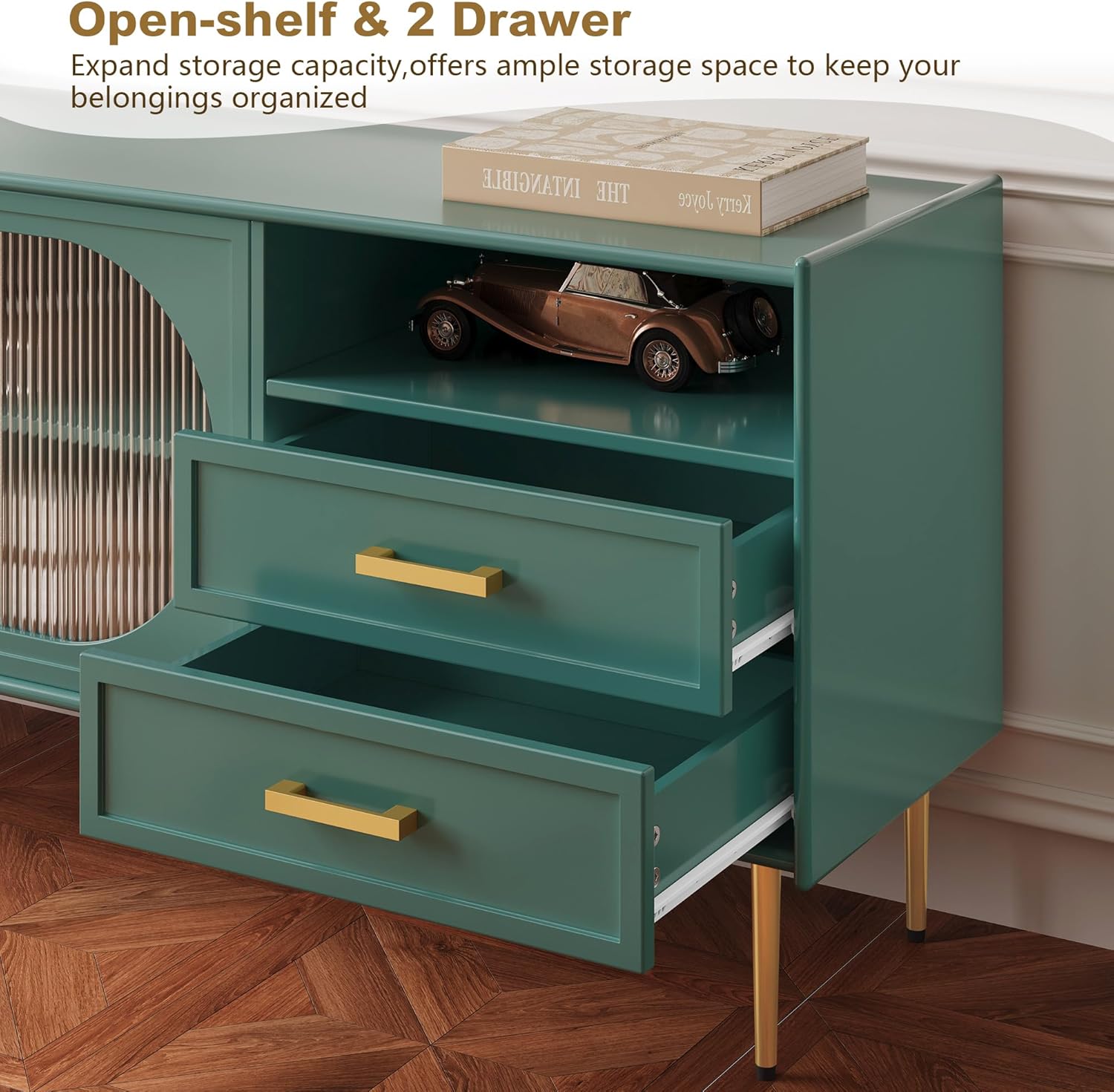 HLR® Moderner 60-Zoll-TV-Ständer für 55/60/65-Zoll-Fernseher, TV-Schrank mit Glastür und Schubladen