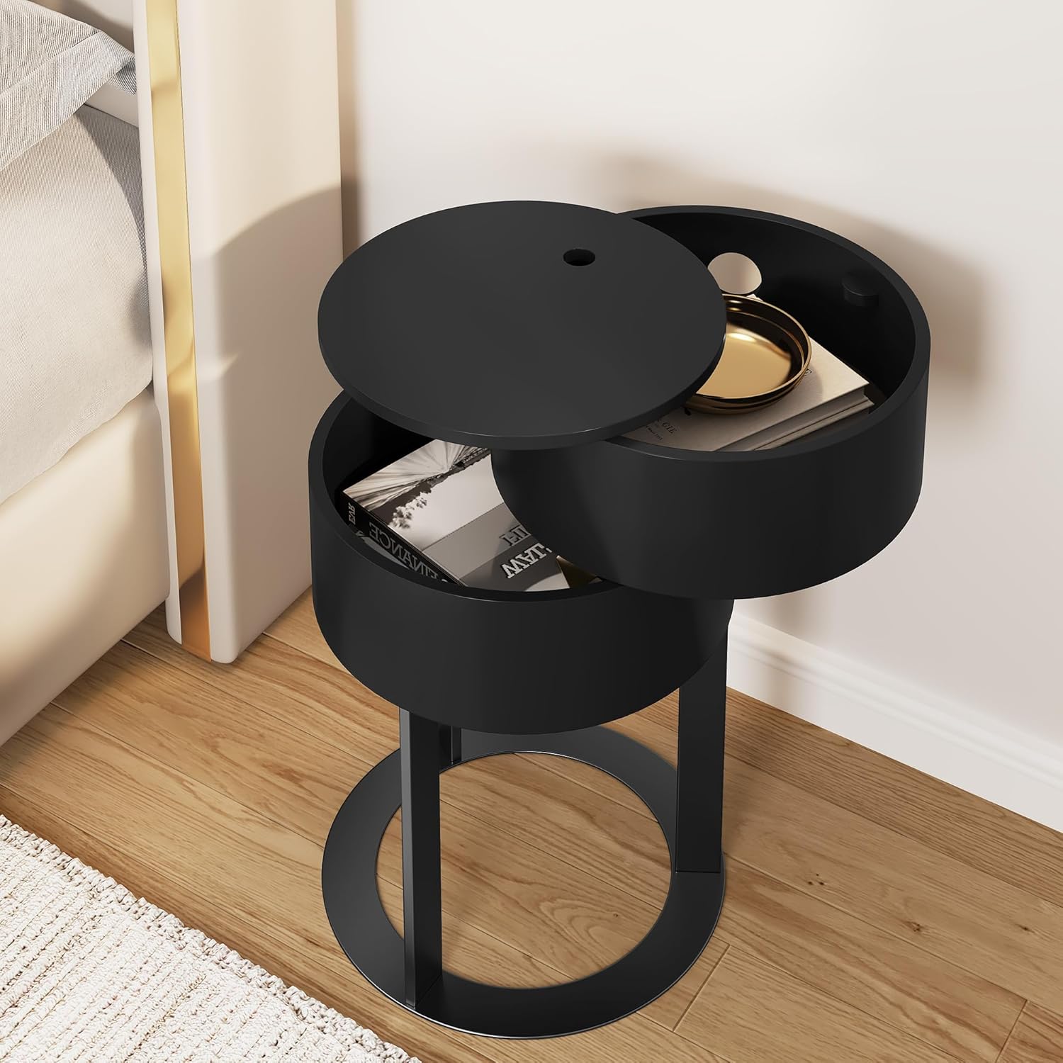 Table d'appoint ronde HLR® avec tiroirs de rangement cachés, table de chevet moderne avec tiroir pivotant,