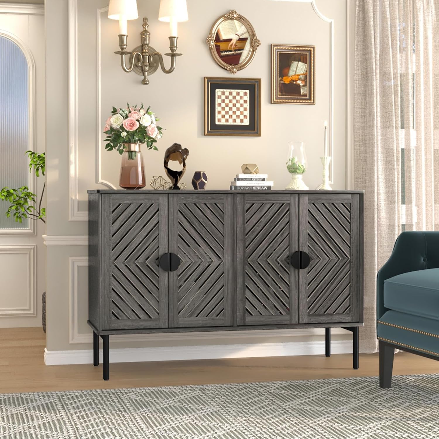 HLR® Sideboard Storage Cabinet with 2/4 Hollow Doors, Modern Accent Buffet Cabinet