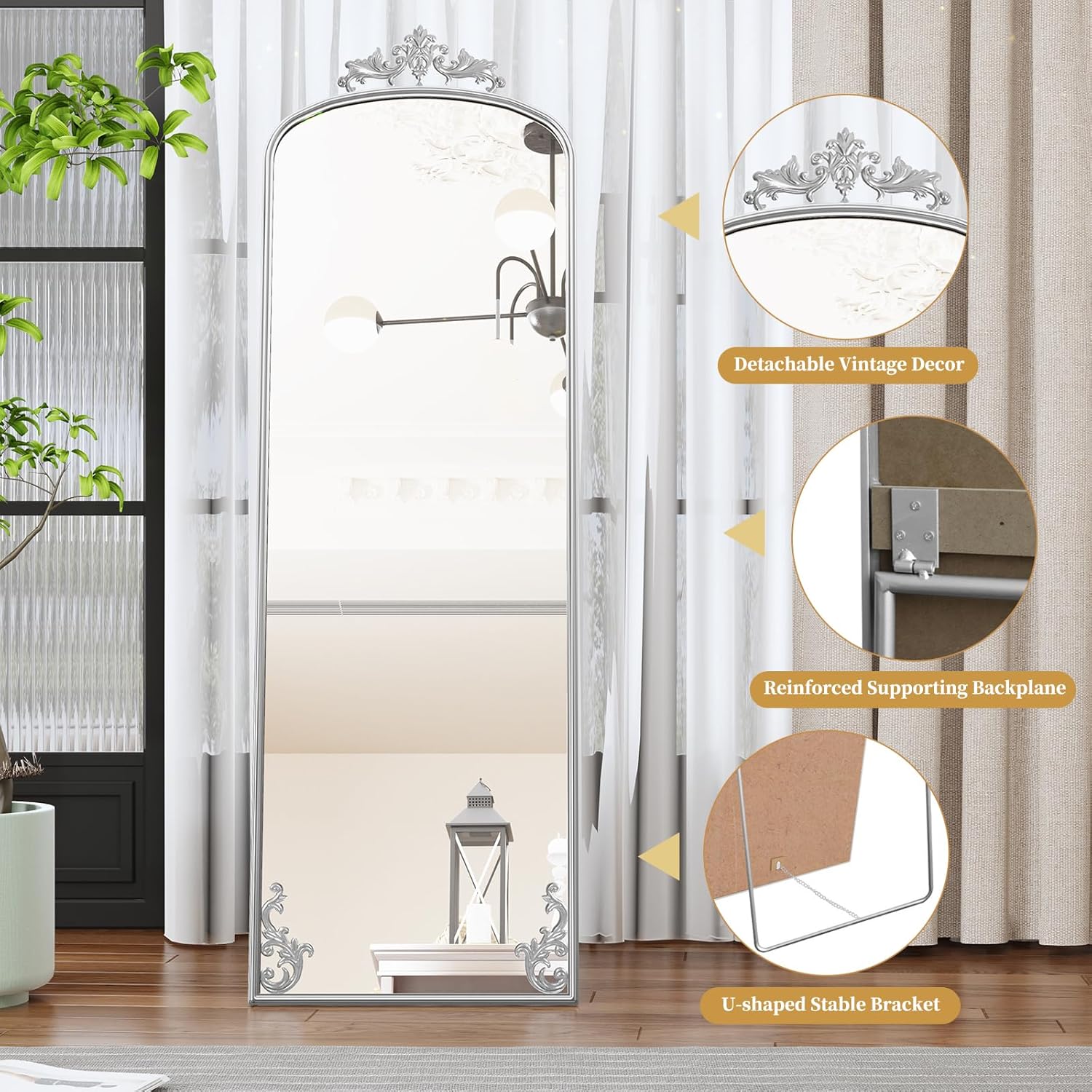 Miroir pleine longueur arqué HLR® 64"x21" de haut, miroirs vintage avec cadre en métal sculpté