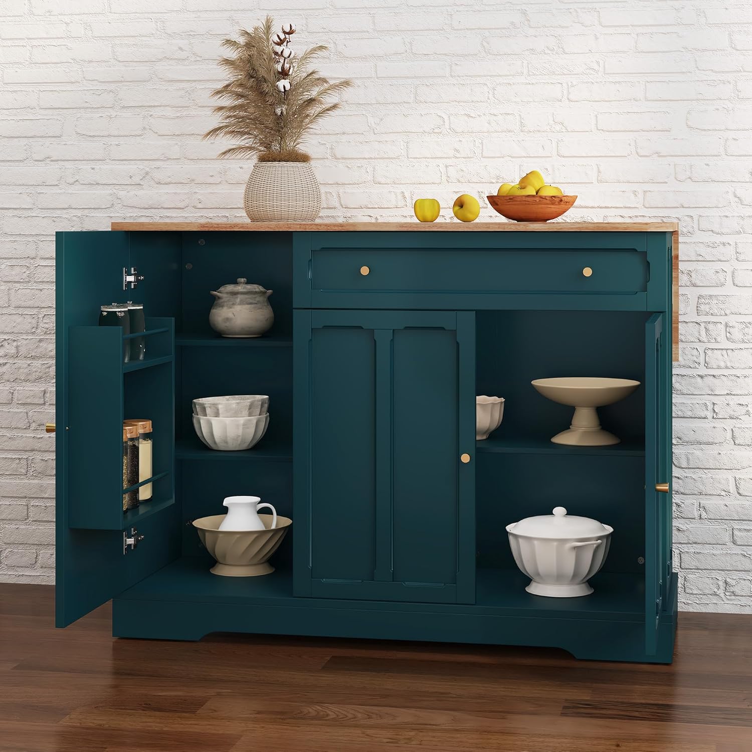 HLR® Chariot de cuisine avec rangement, portes sculptées, Îlots roulants modernes avec abattant
