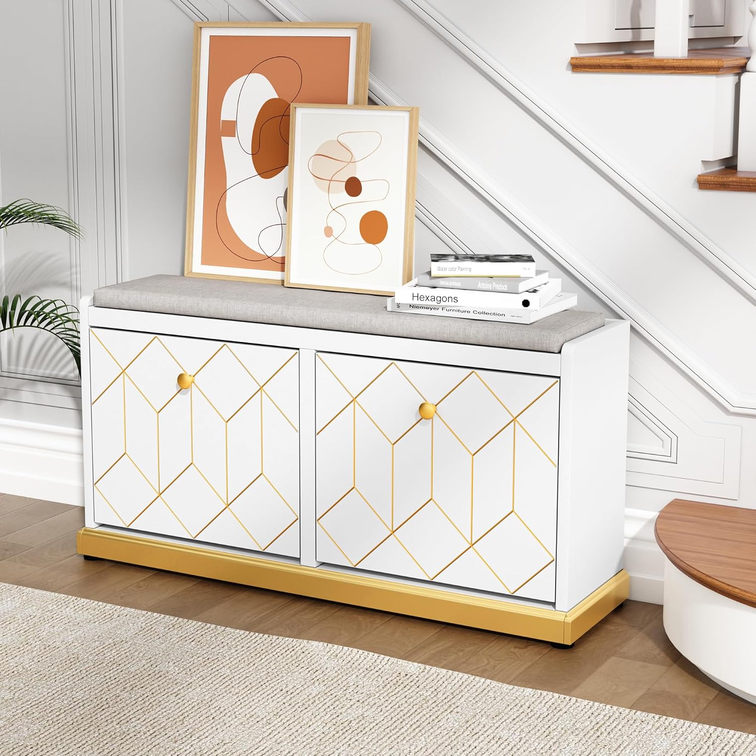 Banc à chaussures HLR® avec rangement, banc d'entrée moderne avec 2 tiroirs rabattables et siège rembourré