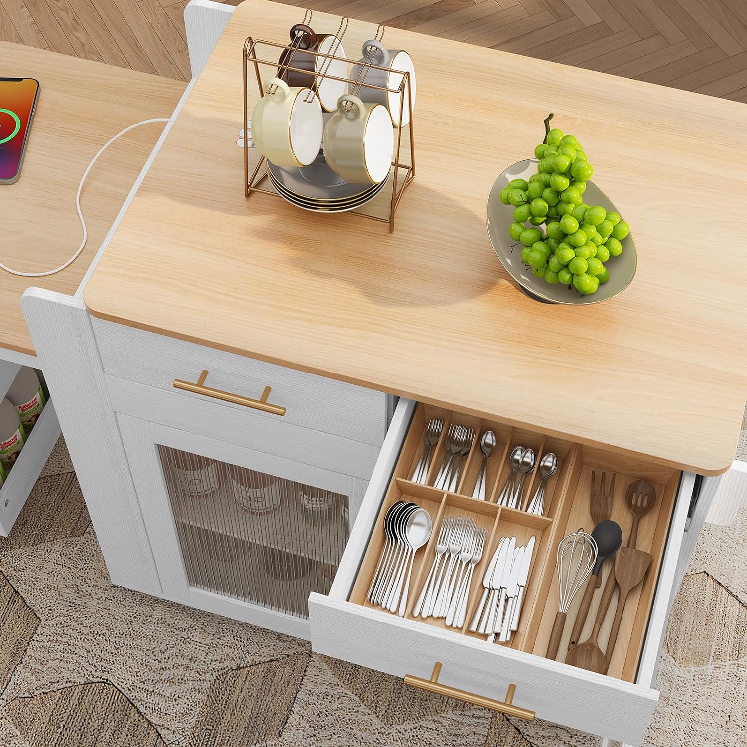 Îlot de cuisine HLR® avec table à manger extensible, plateau en grain de marbre