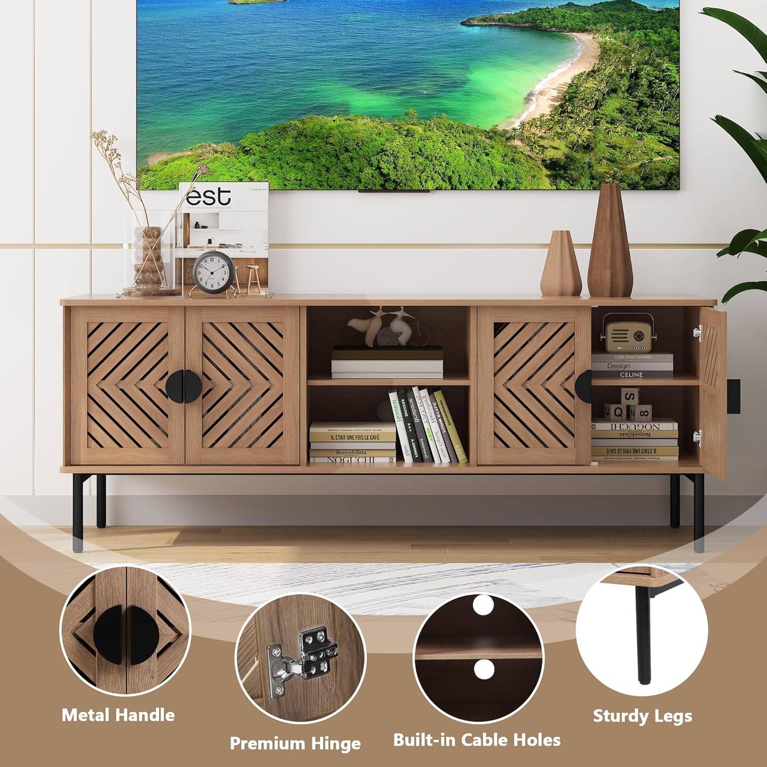 Meubles TV modernes HLR® 63 pouces pour salon, long centre de divertissement avec rangement, console TV pour téléviseurs 55, 60, 65 et 70 pouces