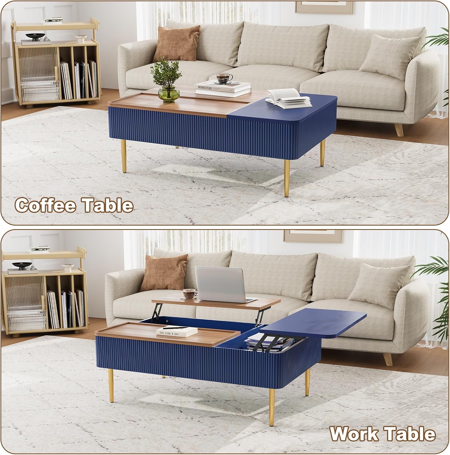Table basse HLR® 47" à double plateau relevable avec rangement, table basse cannelée en bois moderne