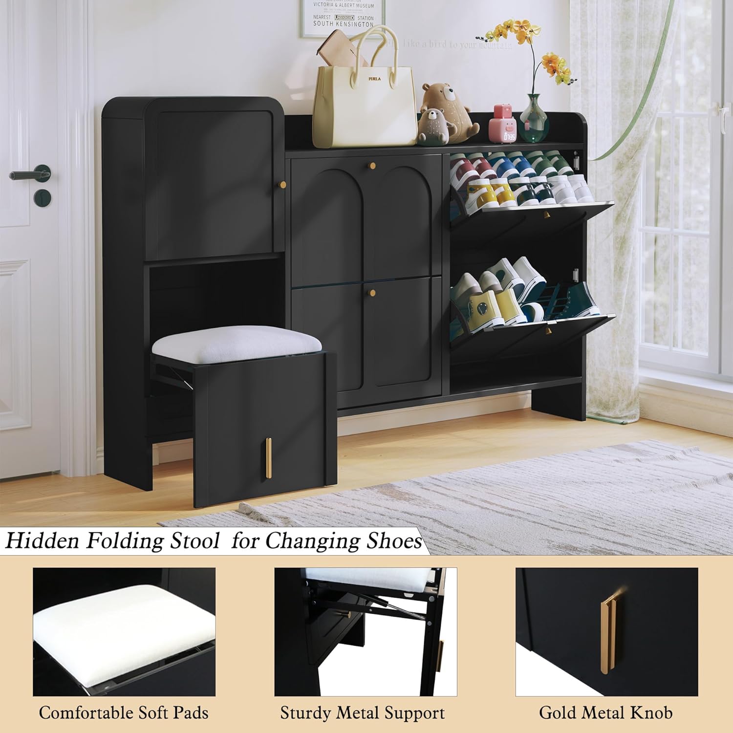 HLR® Modern Shoe Cabinet with 4 Flip Drawers, Large Shoe Storage Cabinet