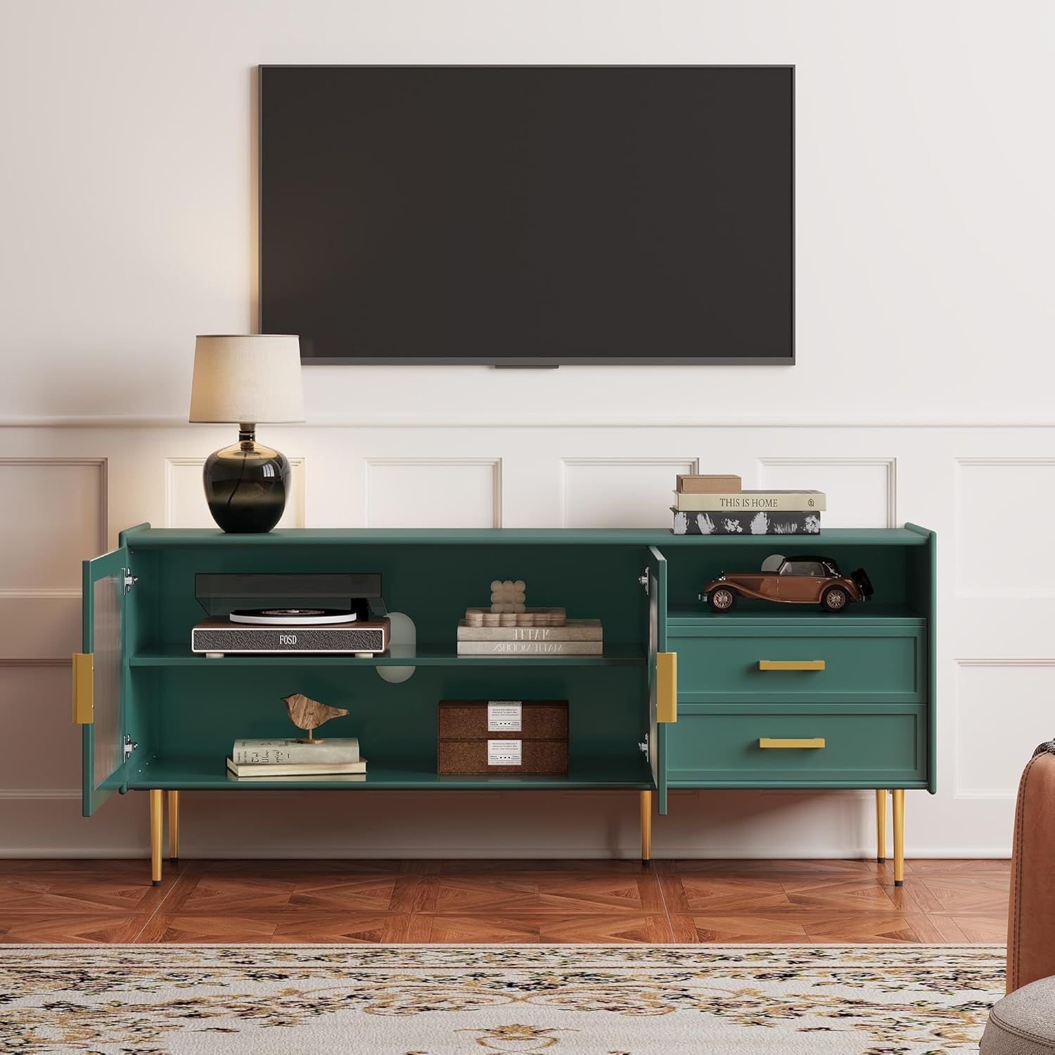 HLR® Moderner 60-Zoll-TV-Ständer für 55/60/65-Zoll-Fernseher, TV-Schrank mit Glastür und Schubladen