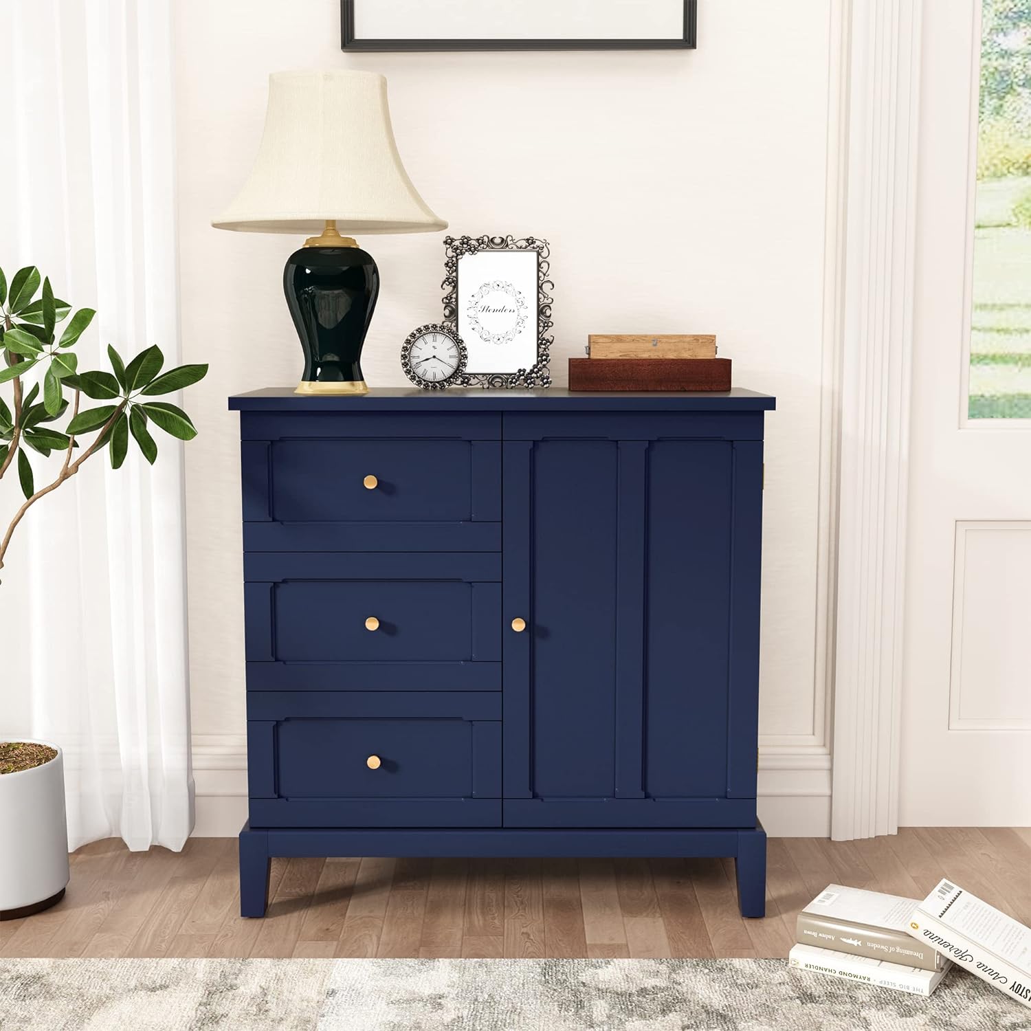 Armoire d'appoint HLR® avec 3 tiroirs et porte, armoire de rangement en bois avec étagères