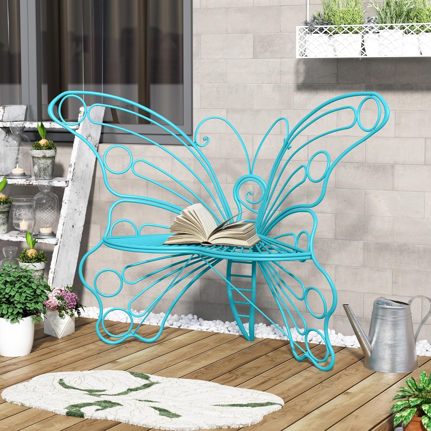 Banc d'extérieur HLR® 50 pouces, banc de jardin avec cadre en métal robuste en fer, joli banc papillon pour porche