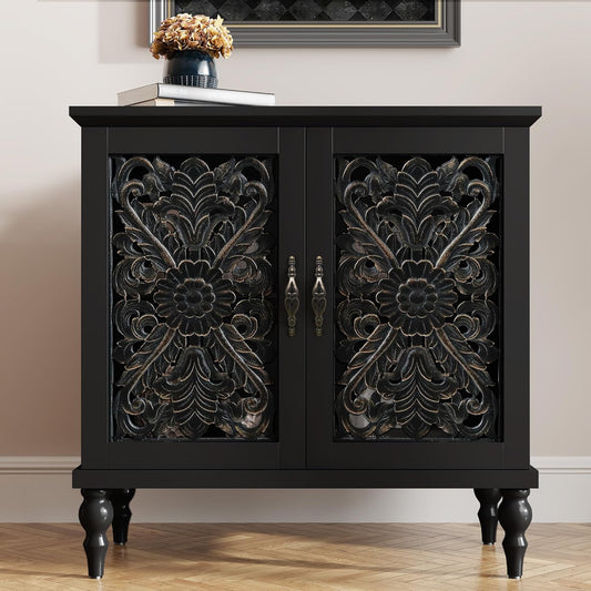 HLR® Accent Cabinet with 2 Doors, Vintage Carved Wood Storage Cabinet, Sideboard Buffet Cabinet