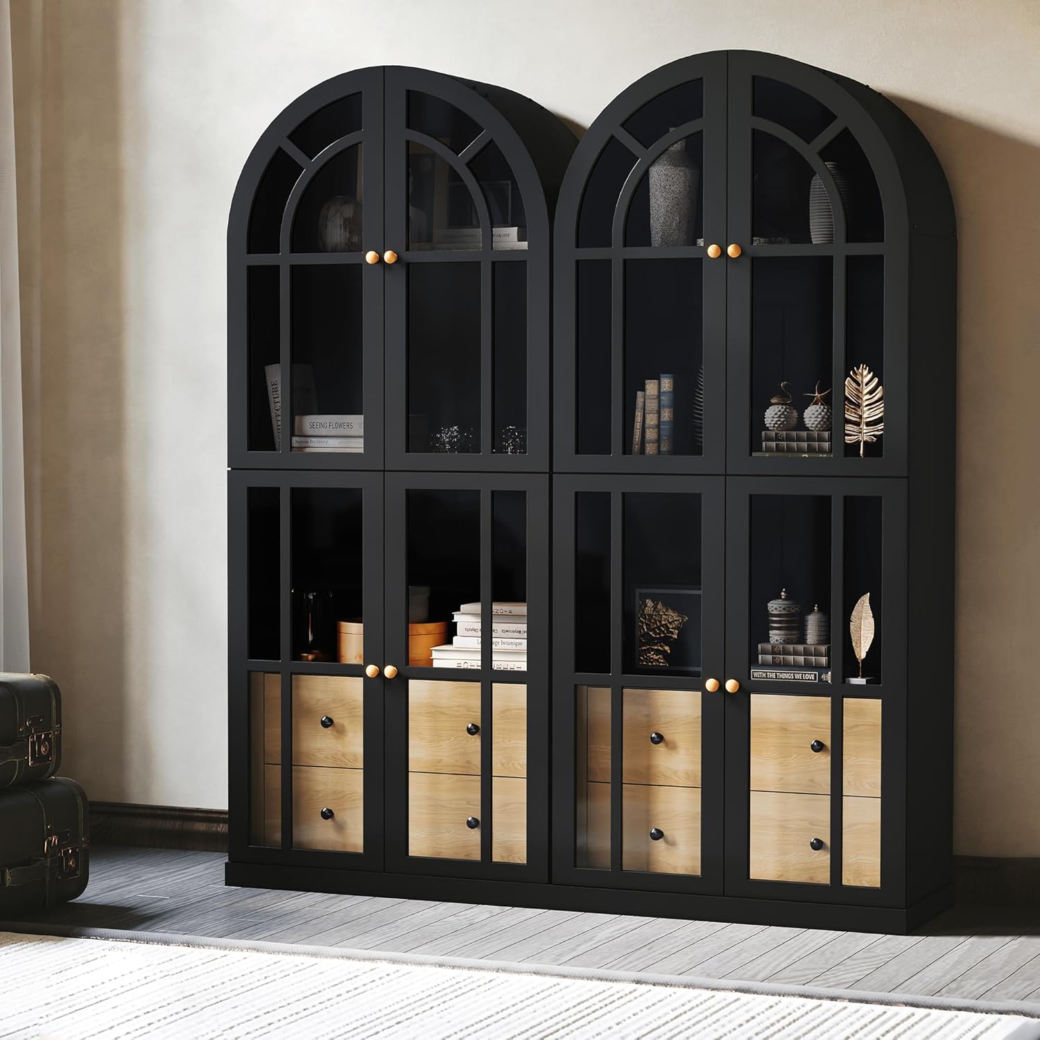 Bibliothèque arquée HLR®, armoire arquée de 71 po de hauteur avec tiroirs et étagères en verre
