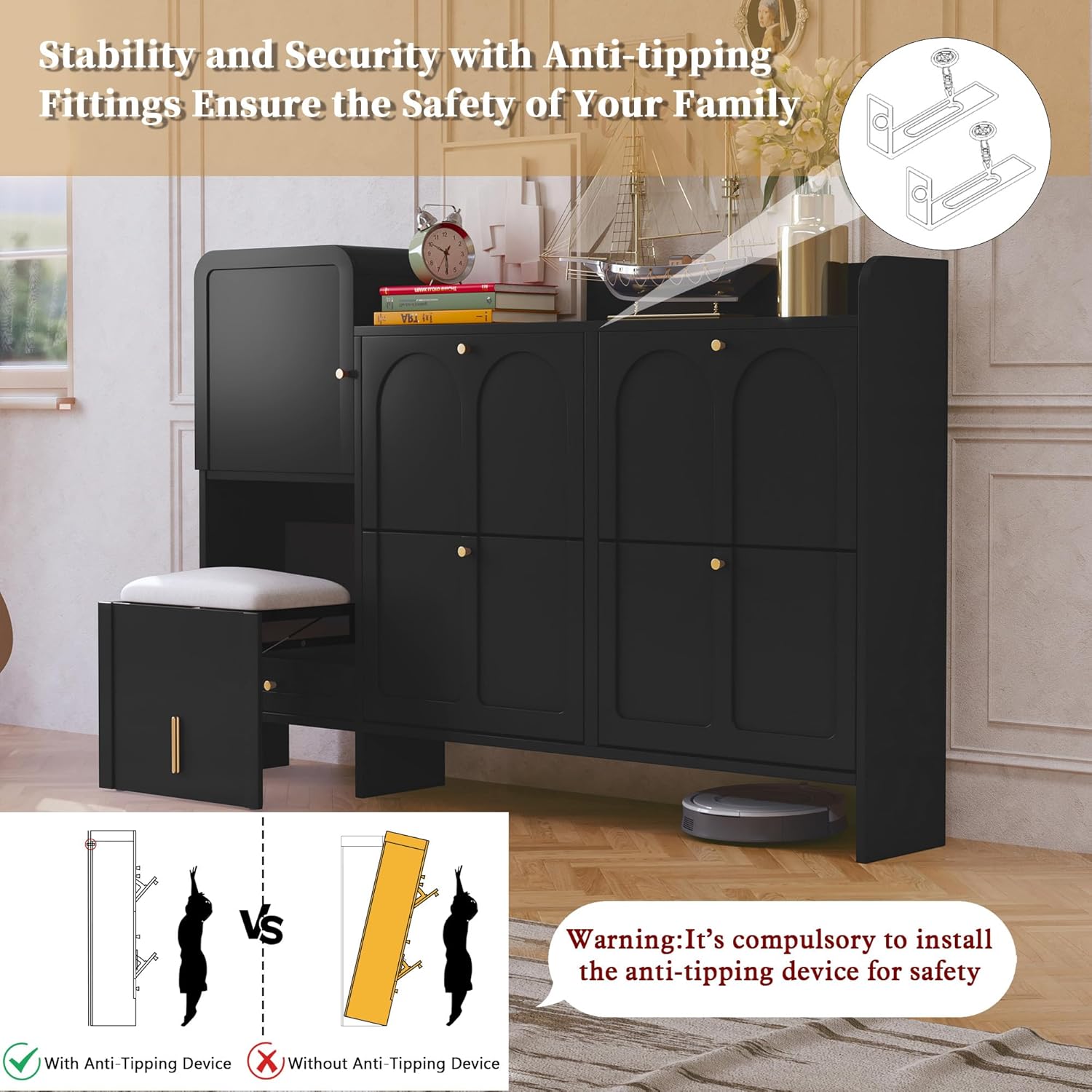 HLR® Modern Shoe Cabinet with 4 Flip Drawers, Large Shoe Storage Cabinet