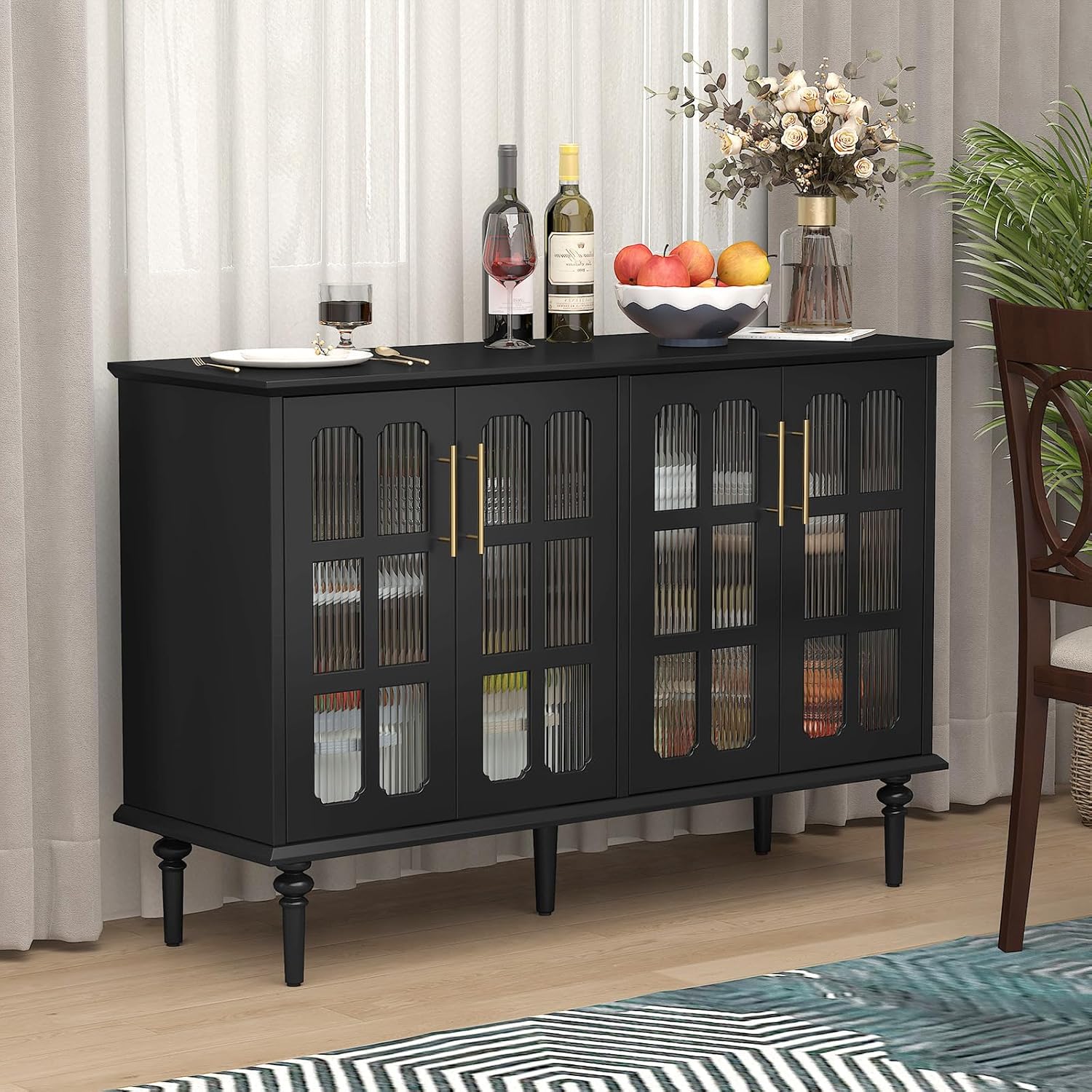 Buffet vintage HLR® avec 2 portes en verre à treillis, meuble d'appoint en bois