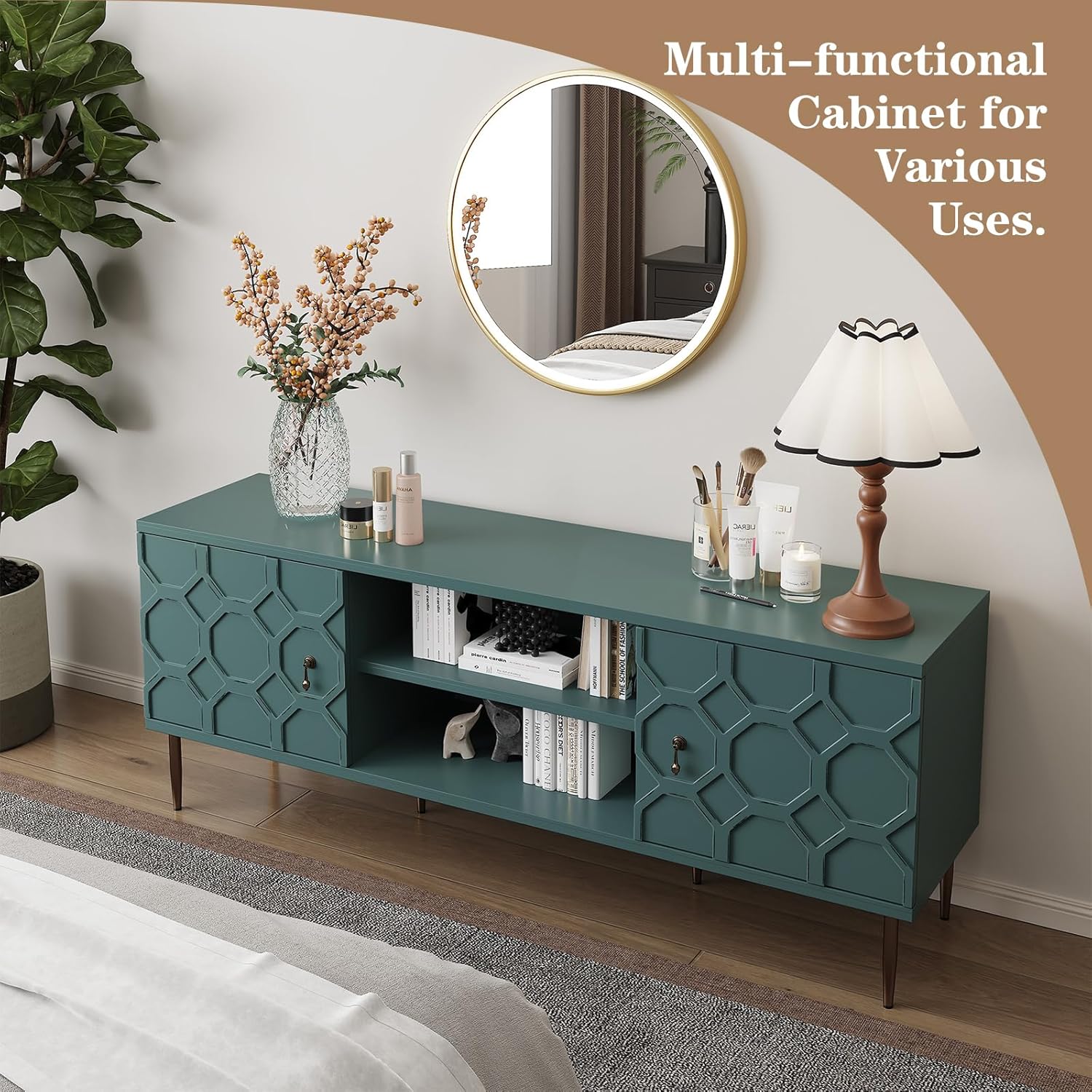 HLR® Modern TV Stand for 65/70 inch TV, Entertainment Center with Storage Cabinet&Open Shelves