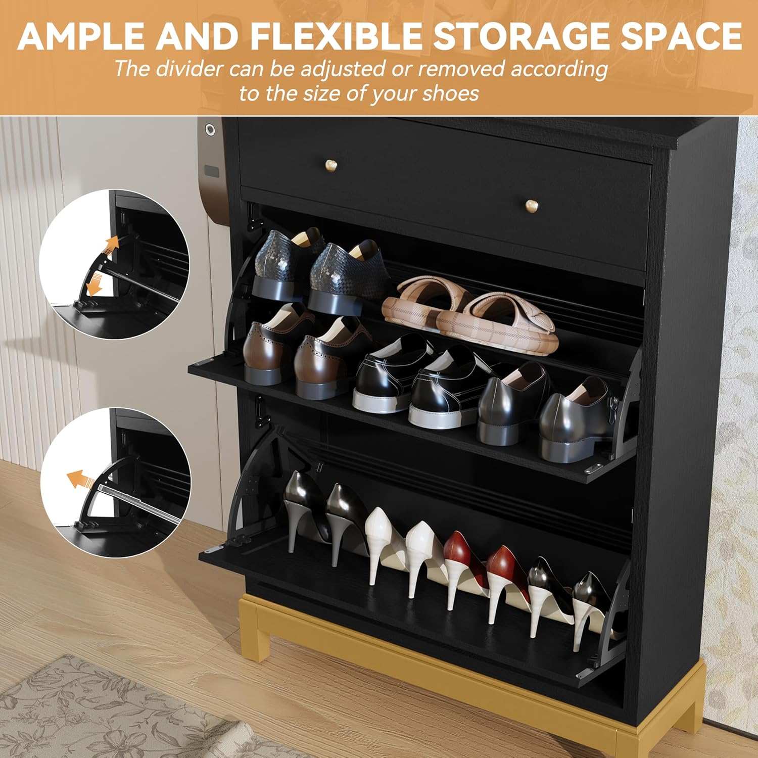 HLR® Space Saving Hidden Shoe Cabinet with 2 Flip Doors 1 Drawer, Shoe Storage Cabinet
