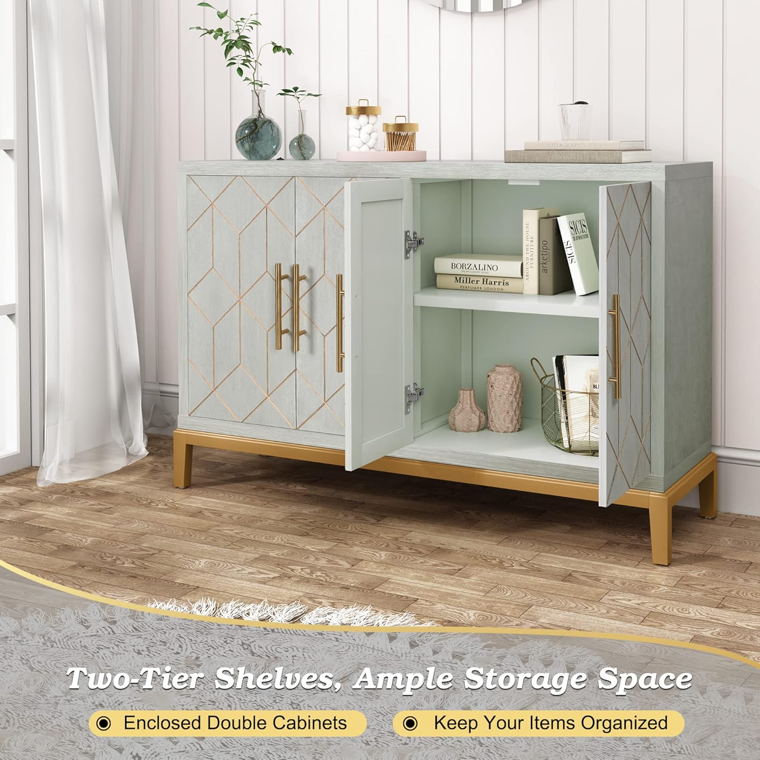 Buffet HLR® avec 4 portes et étagères, avec garniture dorée