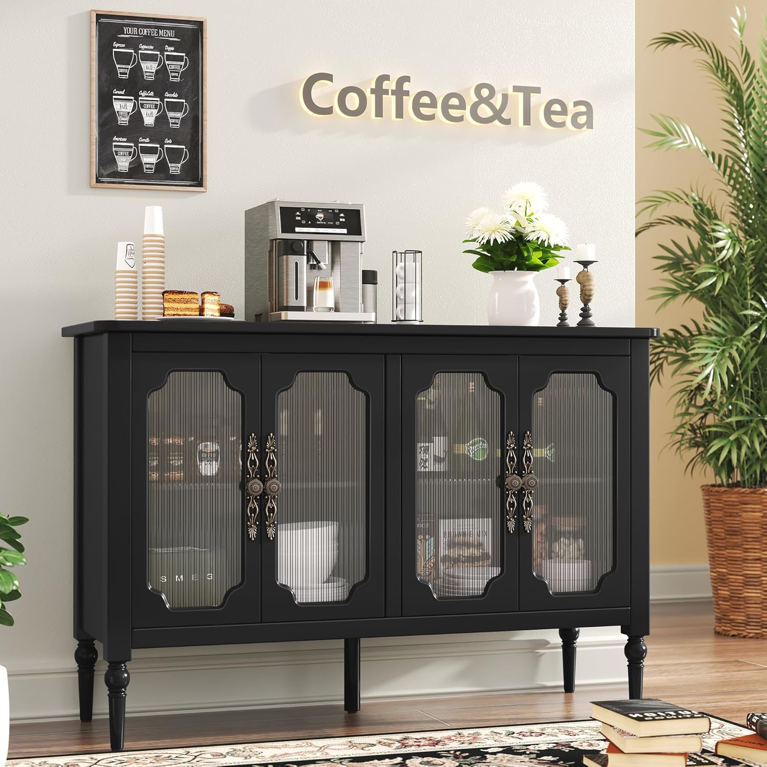 Buffet vintage HLR® avec 4 portes vitrées, 122 cm, meuble de rangement de style milieu du siècle avec étagères