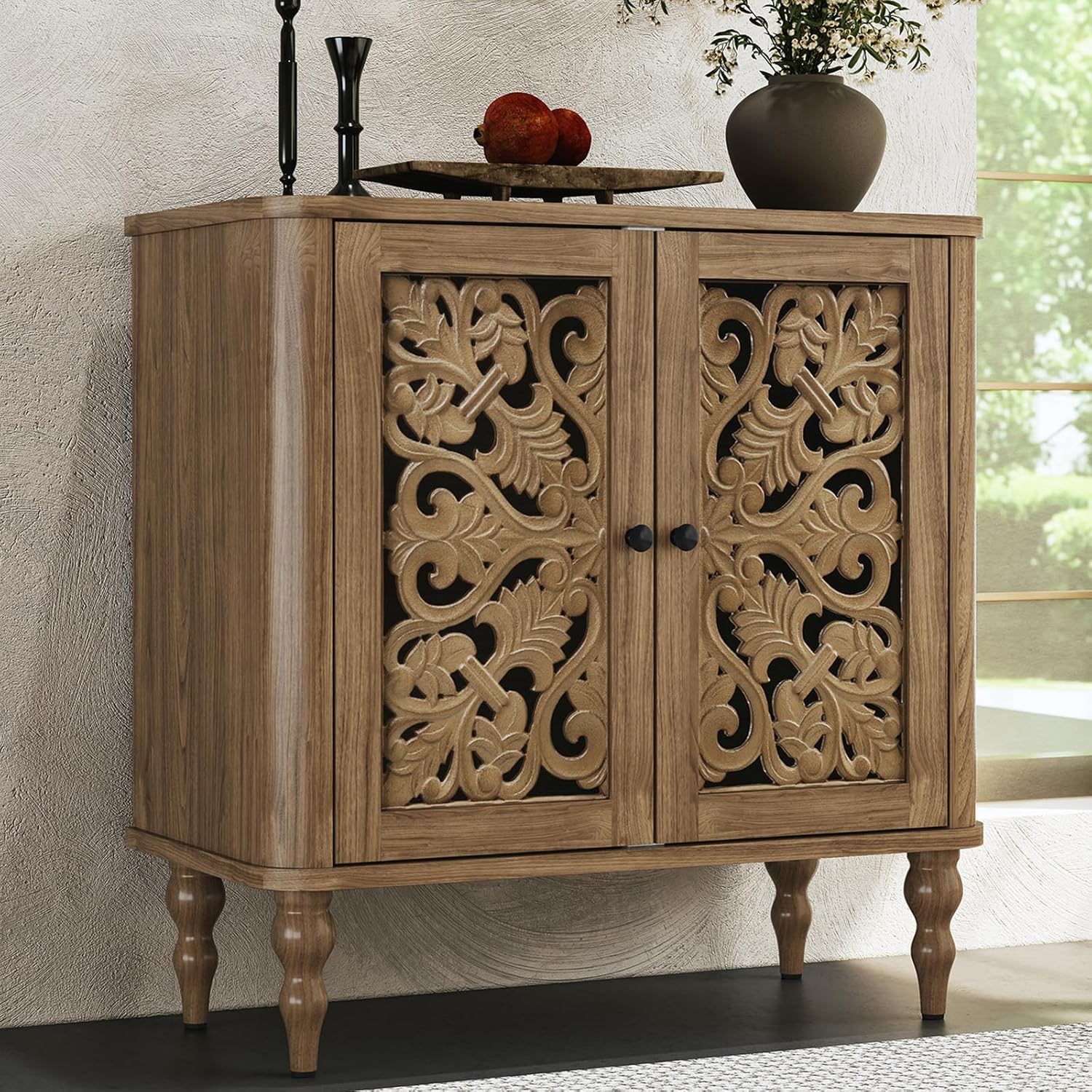 Buffet-buffet rétro sculpté en arc HLR® 63 po, meuble d'appoint en bois avec 4 portes artisanales