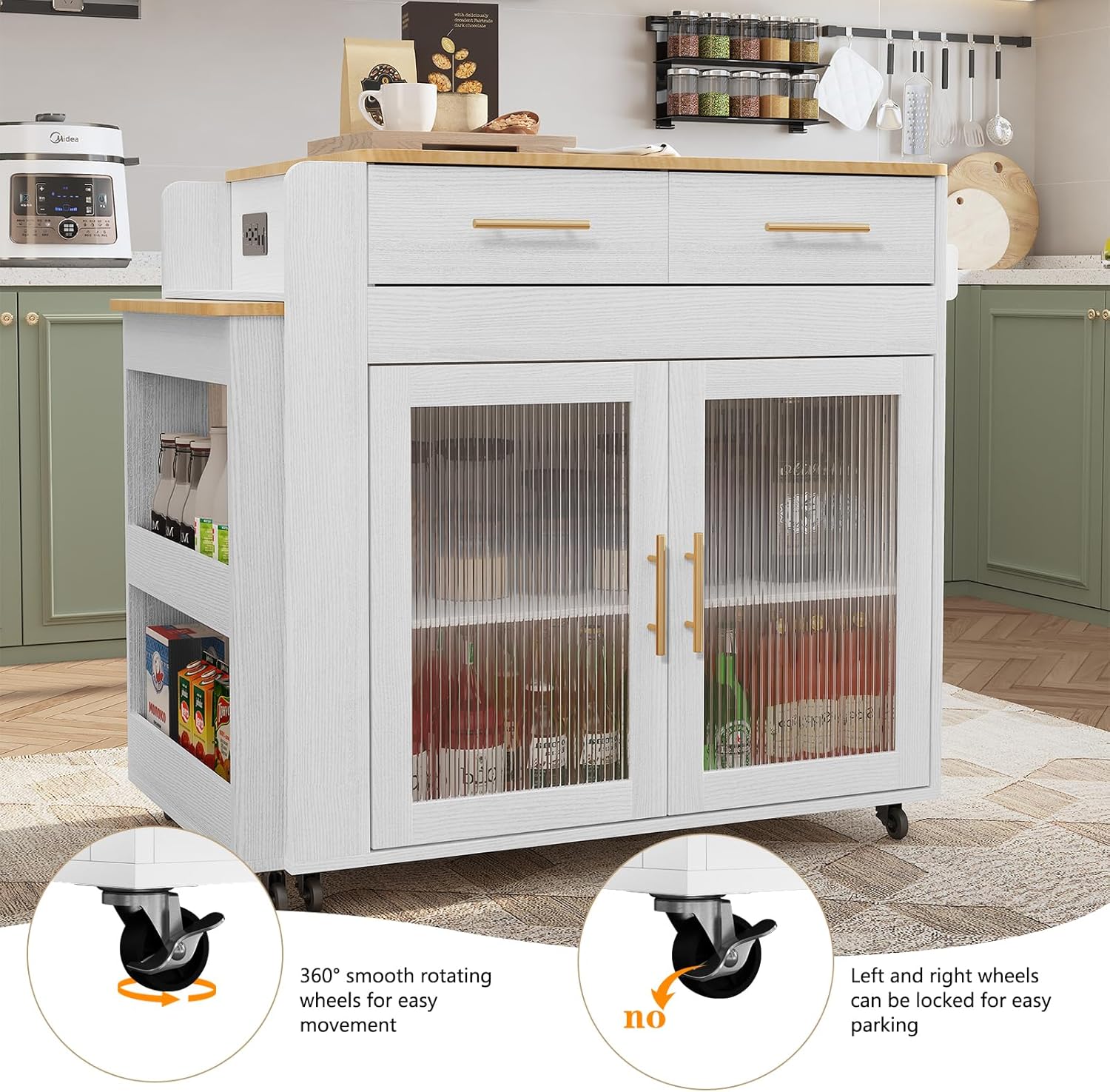 Îlot de cuisine HLR® avec table à manger extensible, plateau en grain de marbre