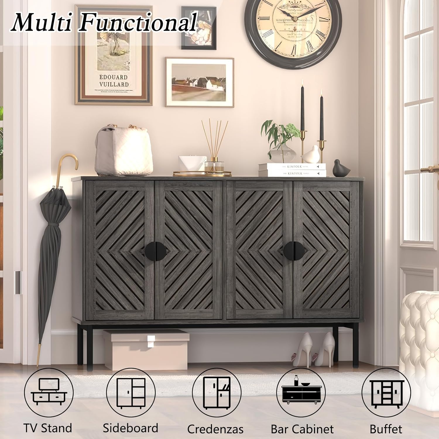 HLR® Sideboard Storage Cabinet with 2/4 Hollow Doors, Modern Accent Buffet Cabinet