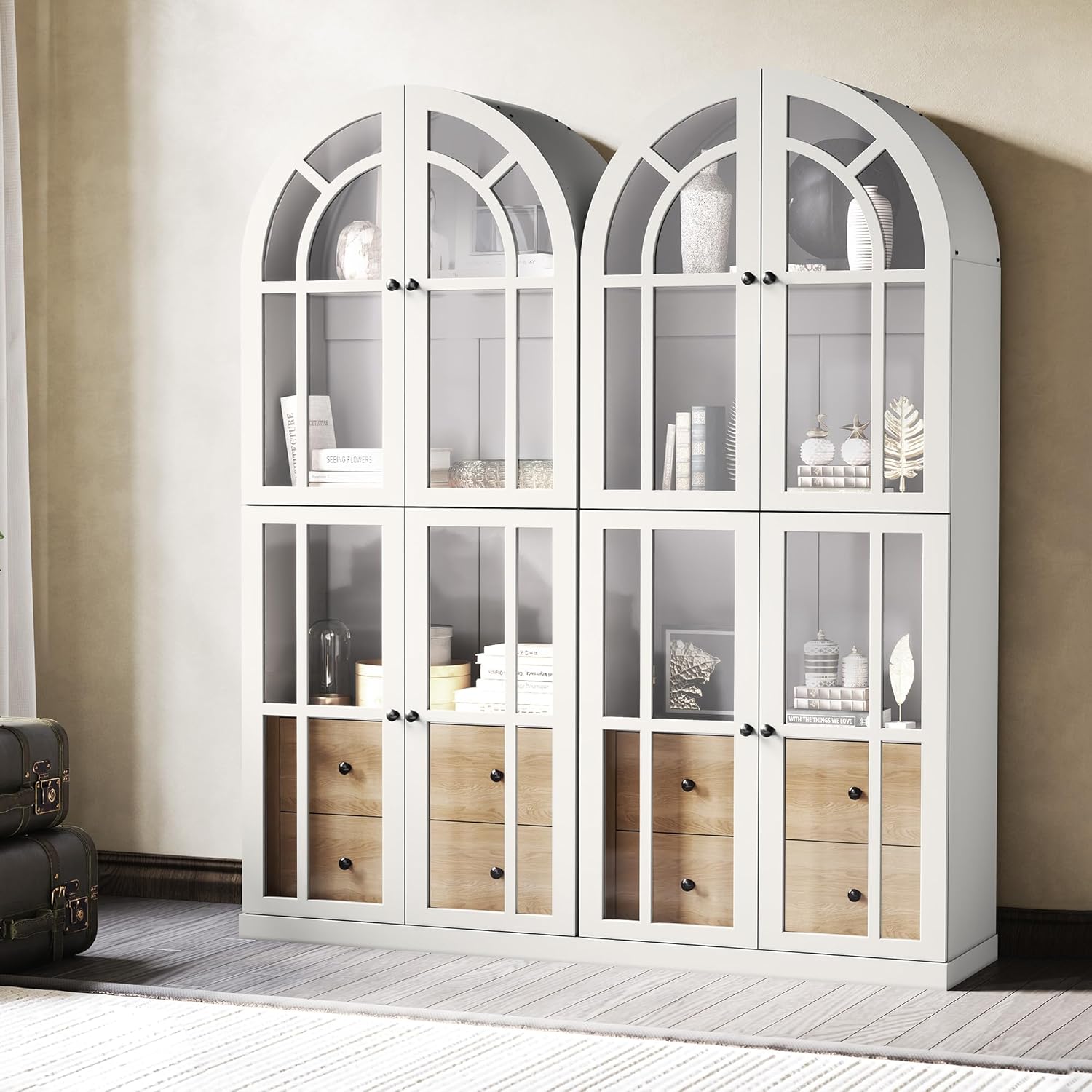 Bibliothèque arquée HLR®, armoire arquée de 71 po de hauteur avec tiroirs et étagères en verre