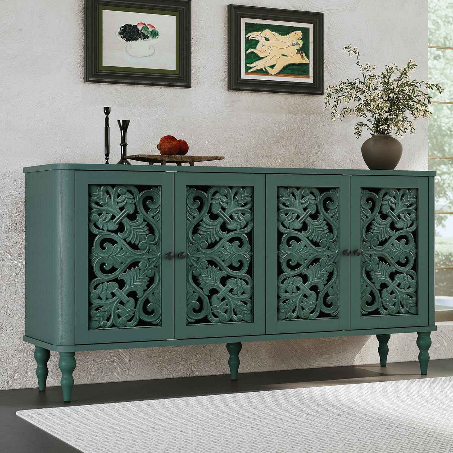 Buffet-buffet rétro sculpté en arc HLR® 63 po, meuble d'appoint en bois avec 4 portes artisanales
