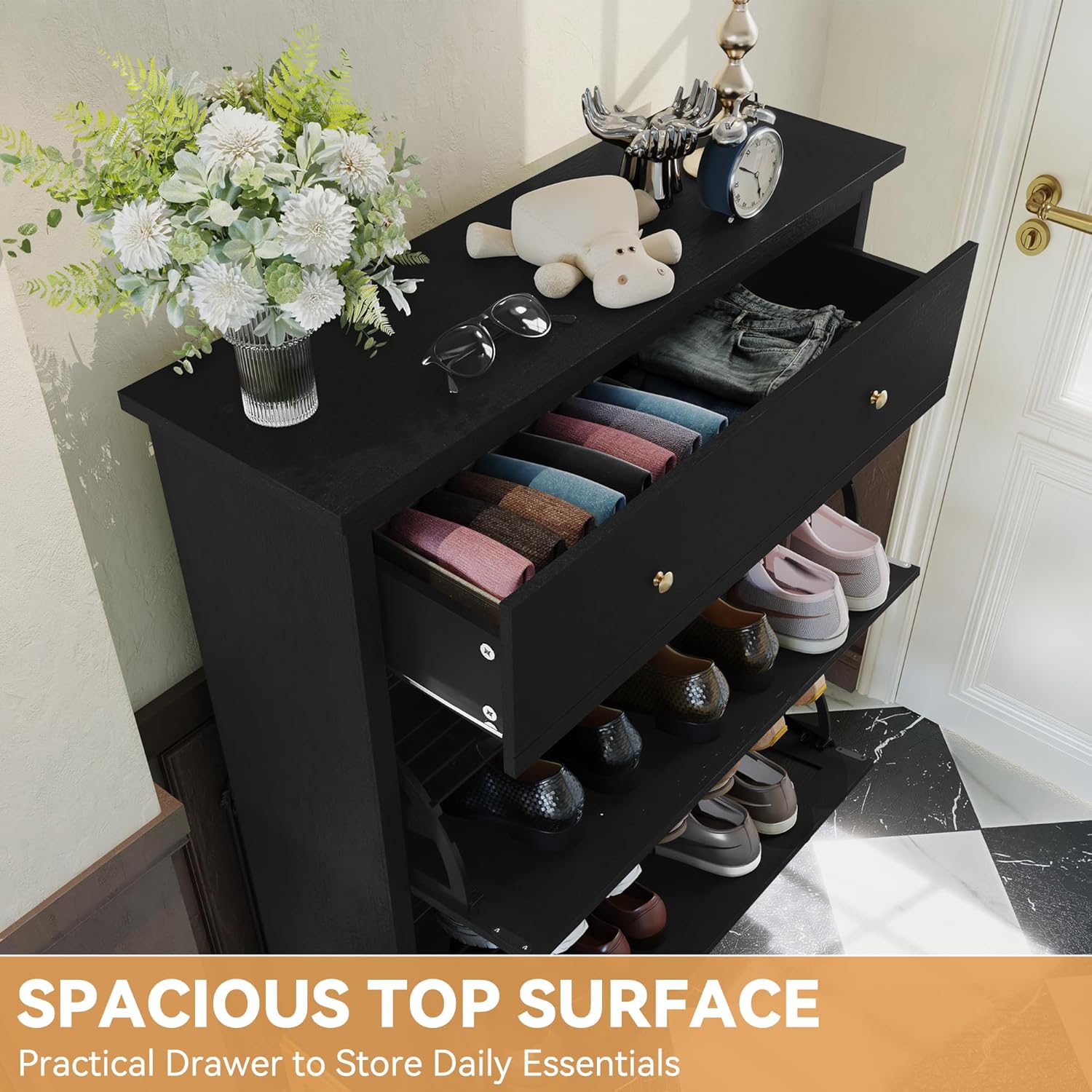 HLR® Space Saving Hidden Shoe Cabinet with 2 Flip Doors 1 Drawer, Shoe Storage Cabinet