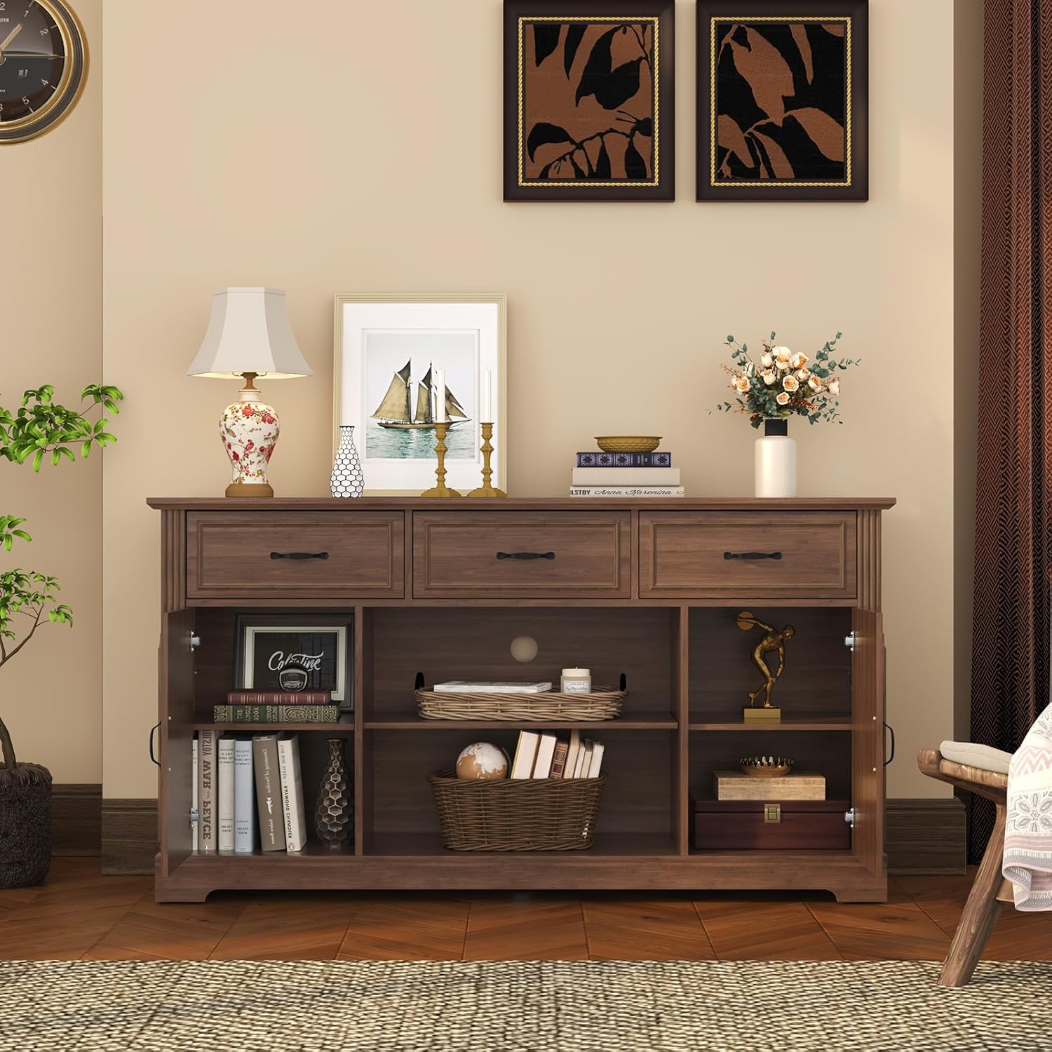 HLR® TV-Ständer mit 3 Schubladen für Fernseher bis 65 Zoll, Fernsehschrank aus Holz im Mid-Century-Stil