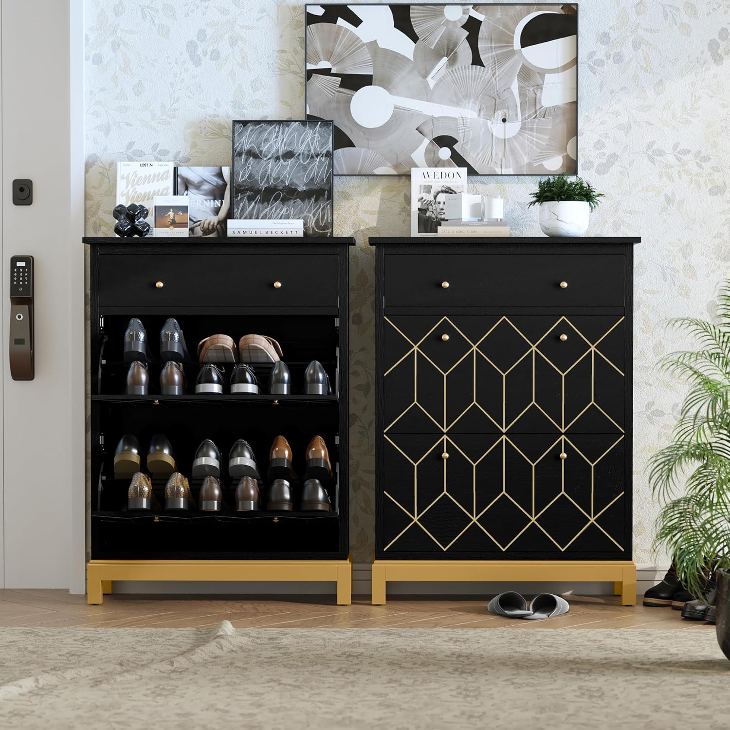 HLR® Space Saving Hidden Shoe Cabinet with 2 Flip Doors 1 Drawer, Shoe Storage Cabinet