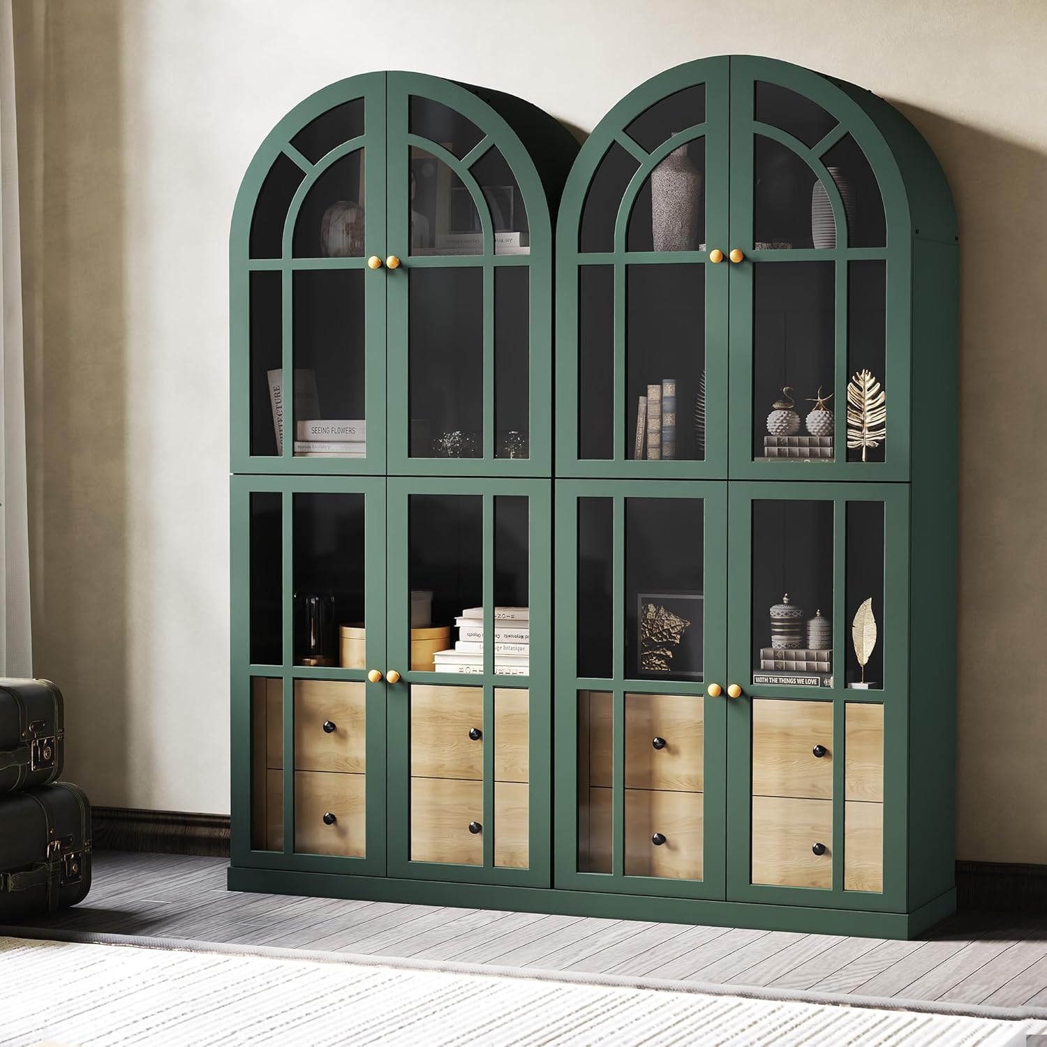 Bibliothèque arquée HLR®, armoire arquée de 71 po de hauteur avec tiroirs et étagères en verre