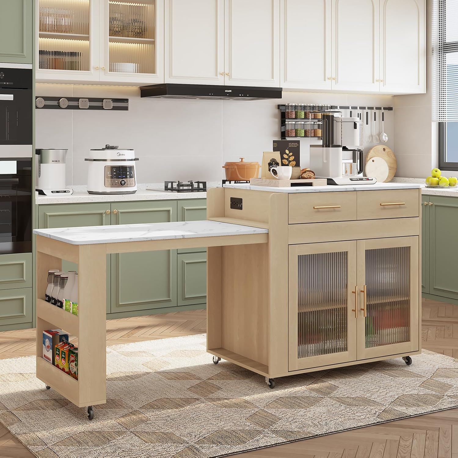 Îlot de cuisine HLR® avec table à manger extensible, plateau en grain de marbre