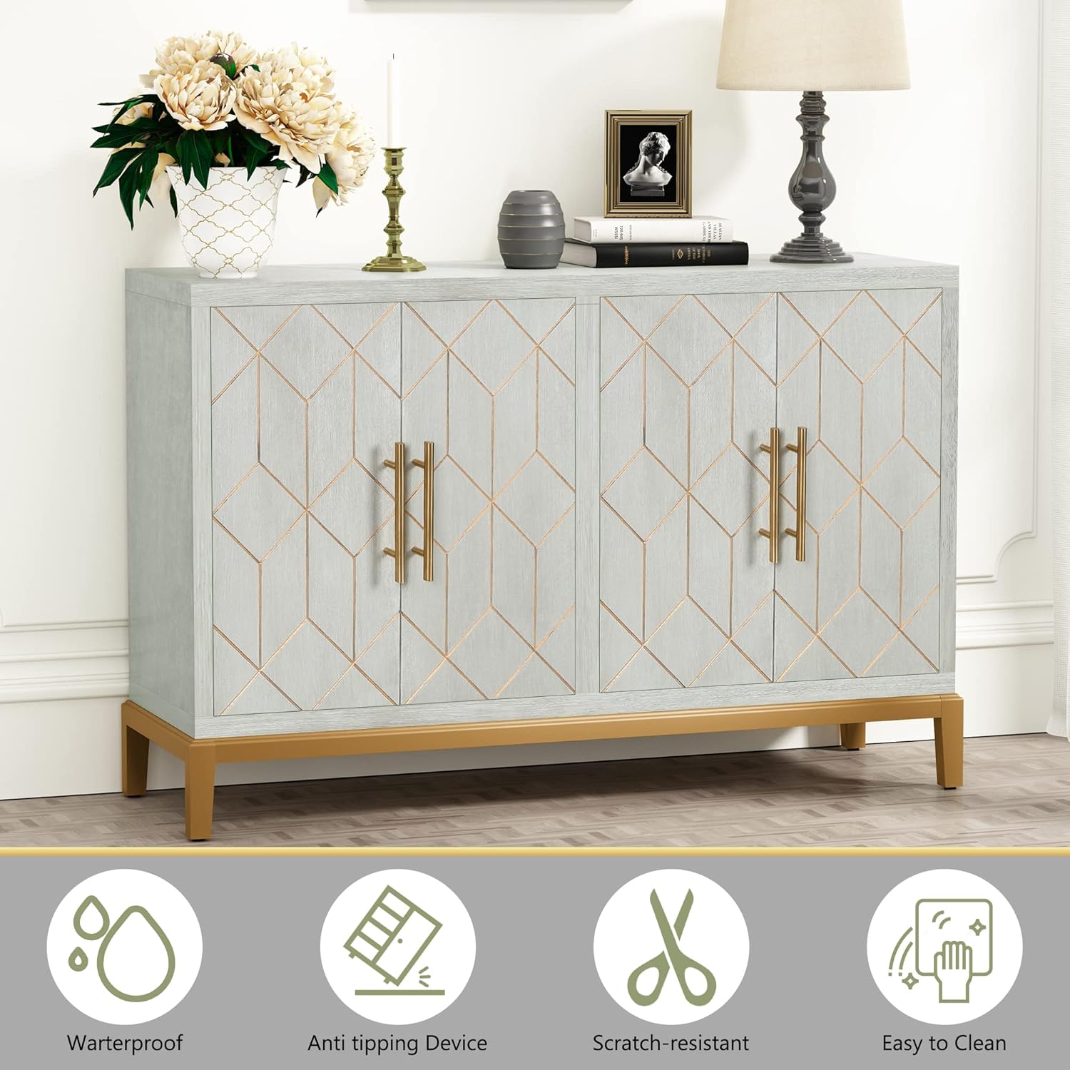 Buffet HLR® avec 4 portes et étagères, avec garniture dorée