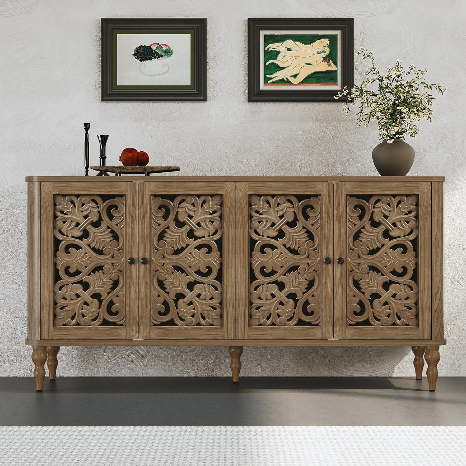 Buffet-buffet rétro sculpté en arc HLR® 63 po, meuble d'appoint en bois avec 4 portes artisanales